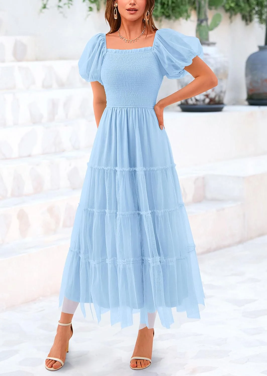 PRETTYGARDEN Women's Smocked Tulle Midi Dress Square Neck Puffy Short Sleeve Ruffle Wedding Guest Party Dresses - Image 35