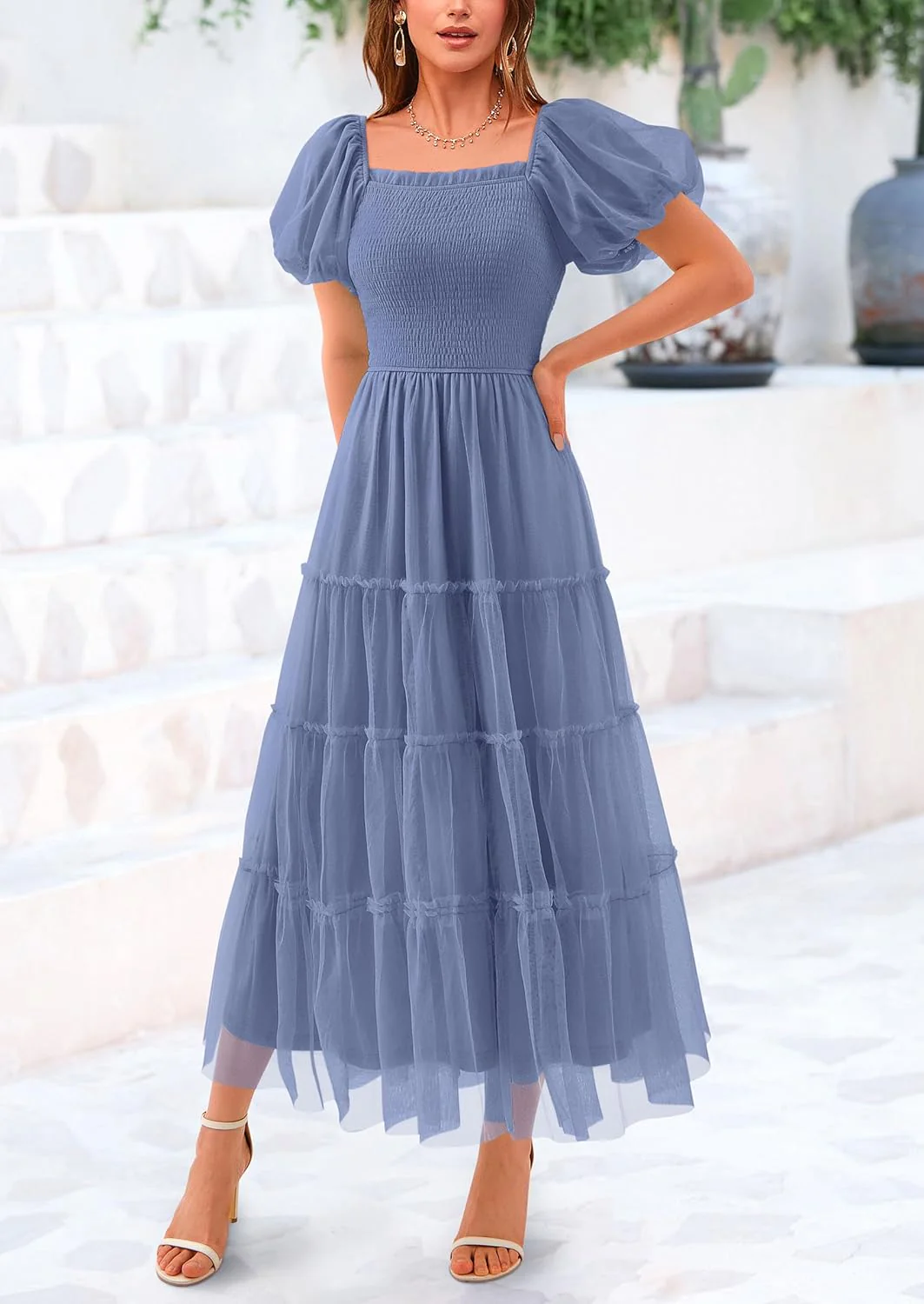 PRETTYGARDEN Women's Smocked Tulle Midi Dress Square Neck Puffy Short Sleeve Ruffle Wedding Guest Party Dresses - Image 4