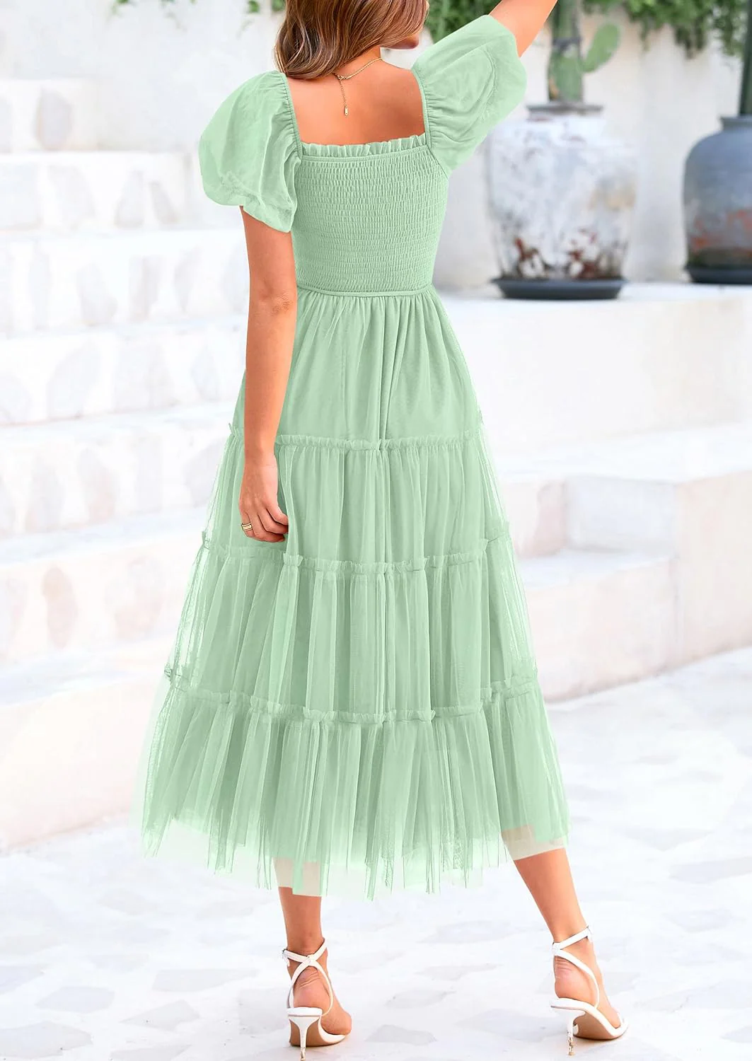 PRETTYGARDEN Women's Smocked Tulle Midi Dress Square Neck Puffy Short Sleeve Ruffle Wedding Guest Party Dresses - Image 40