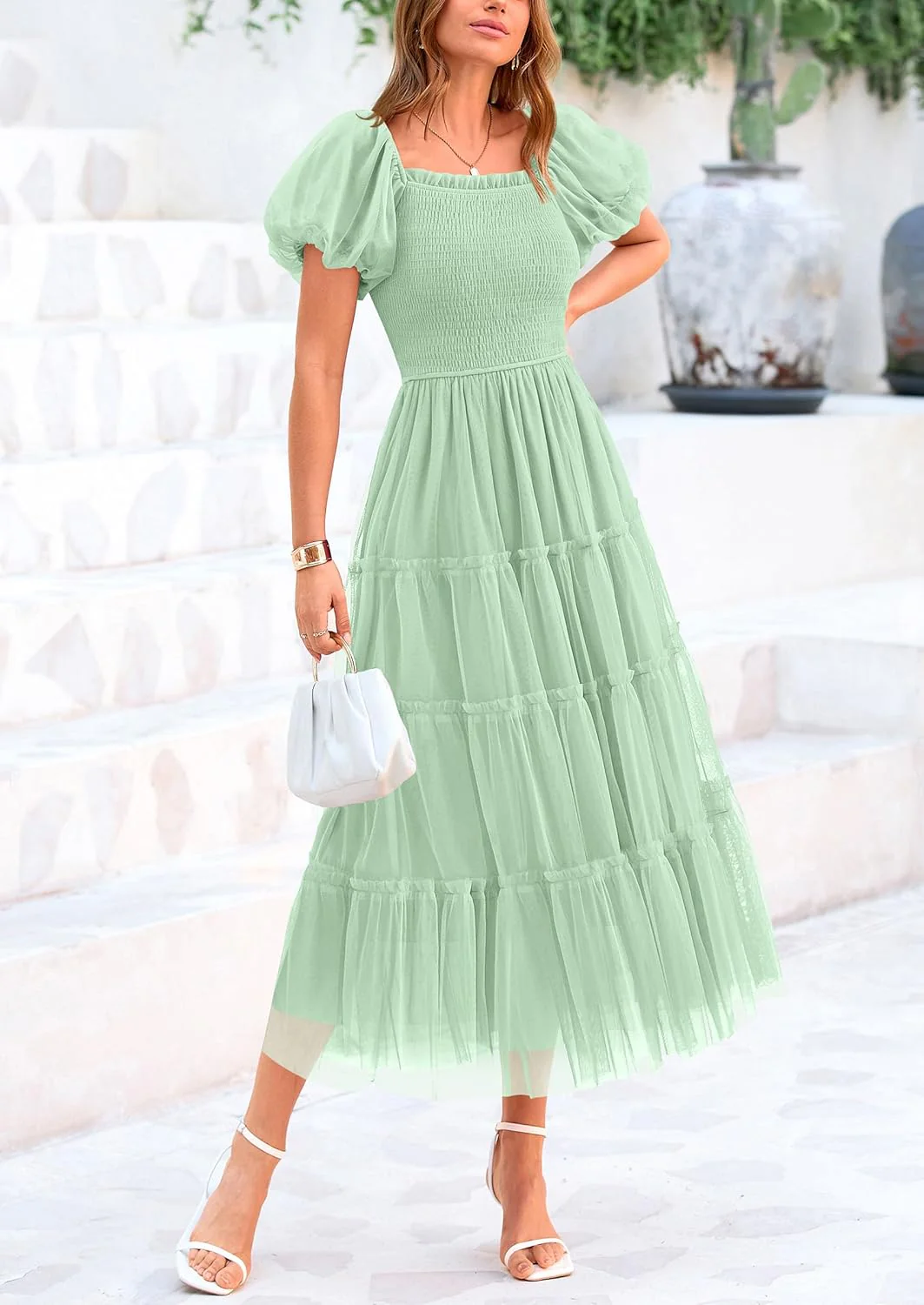 PRETTYGARDEN Women's Smocked Tulle Midi Dress Square Neck Puffy Short Sleeve Ruffle Wedding Guest Party Dresses - Image 41