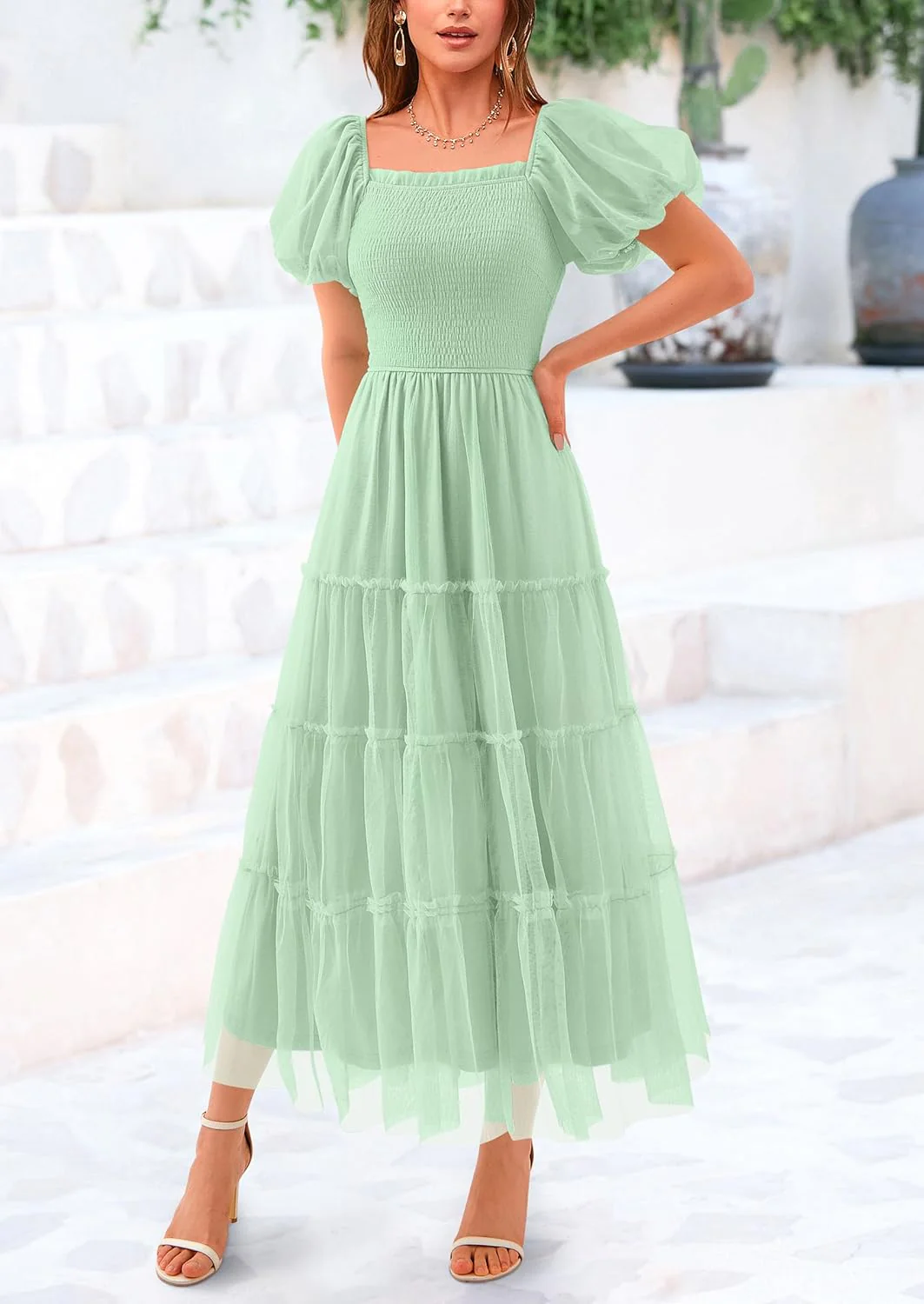 PRETTYGARDEN Women's Smocked Tulle Midi Dress Square Neck Puffy Short Sleeve Ruffle Wedding Guest Party Dresses - Image 42
