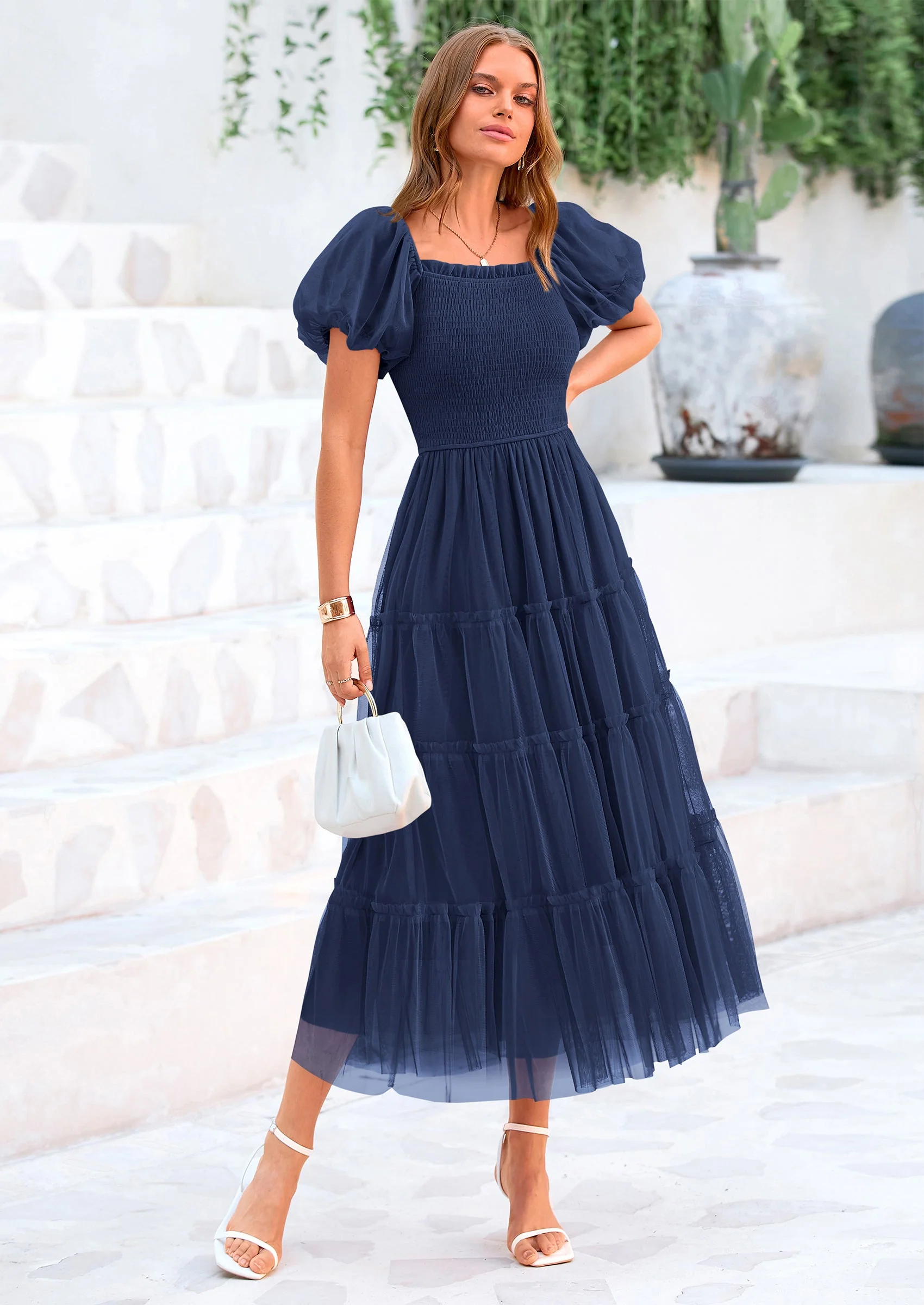 PRETTYGARDEN Women's Smocked Tulle Midi Dress Square Neck Puffy Short Sleeve Ruffle Wedding Guest Party Dresses - Image 46