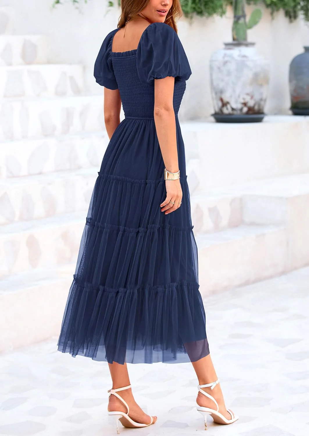 PRETTYGARDEN Women's Smocked Tulle Midi Dress Square Neck Puffy Short Sleeve Ruffle Wedding Guest Party Dresses - Image 49