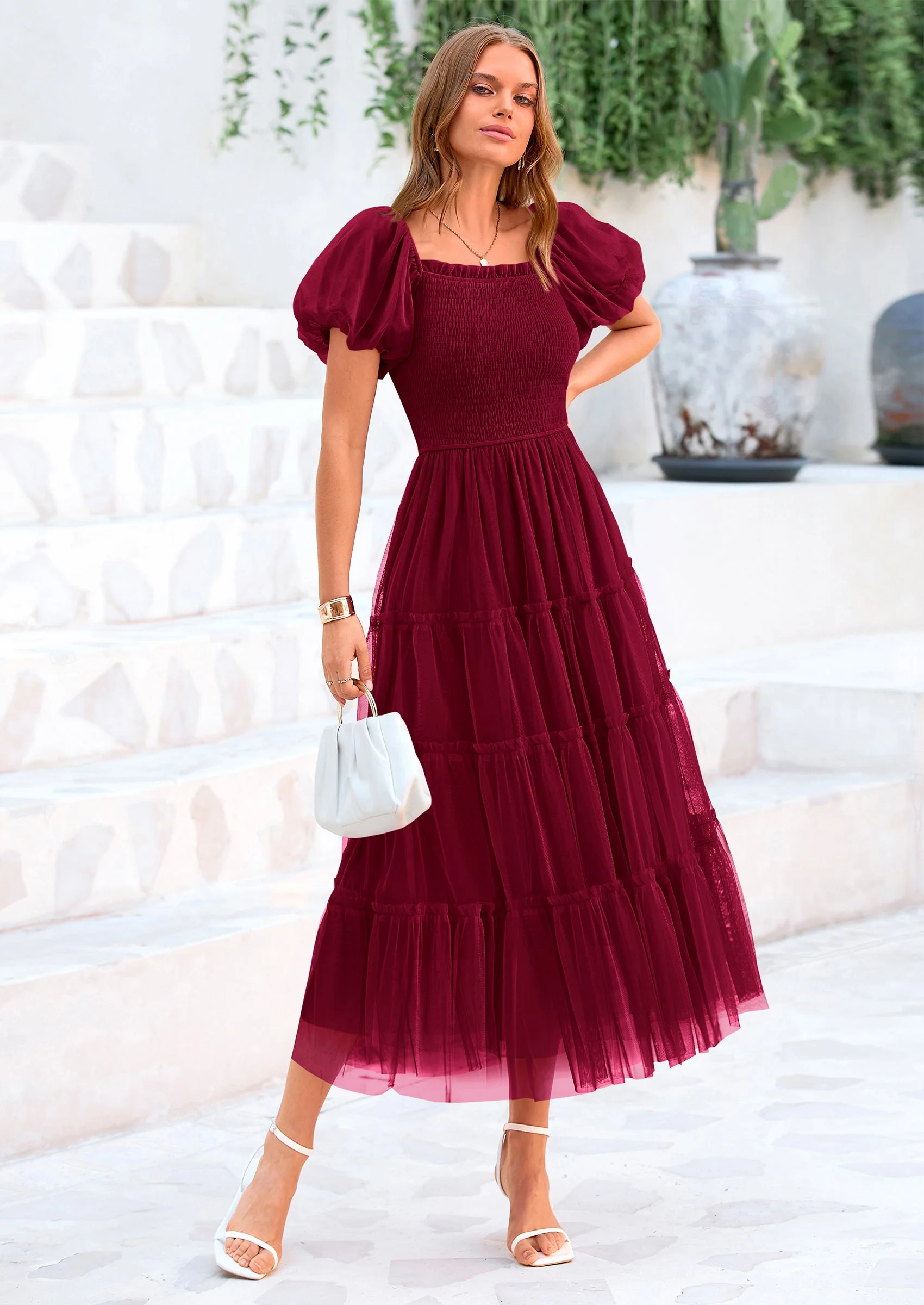 PRETTYGARDEN Women's Smocked Tulle Midi Dress Square Neck Puffy Short Sleeve Ruffle Wedding Guest Party Dresses - Image 53