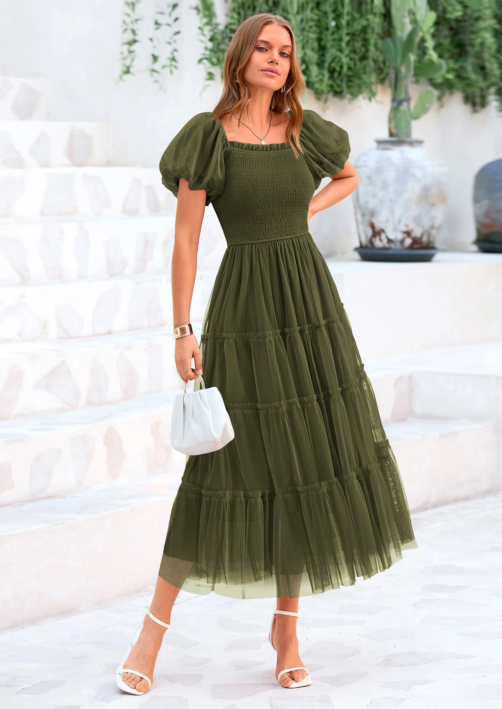 PRETTYGARDEN Women's Smocked Tulle Midi Dress Square Neck Puffy Short Sleeve Ruffle Wedding Guest Party Dresses - Image 9