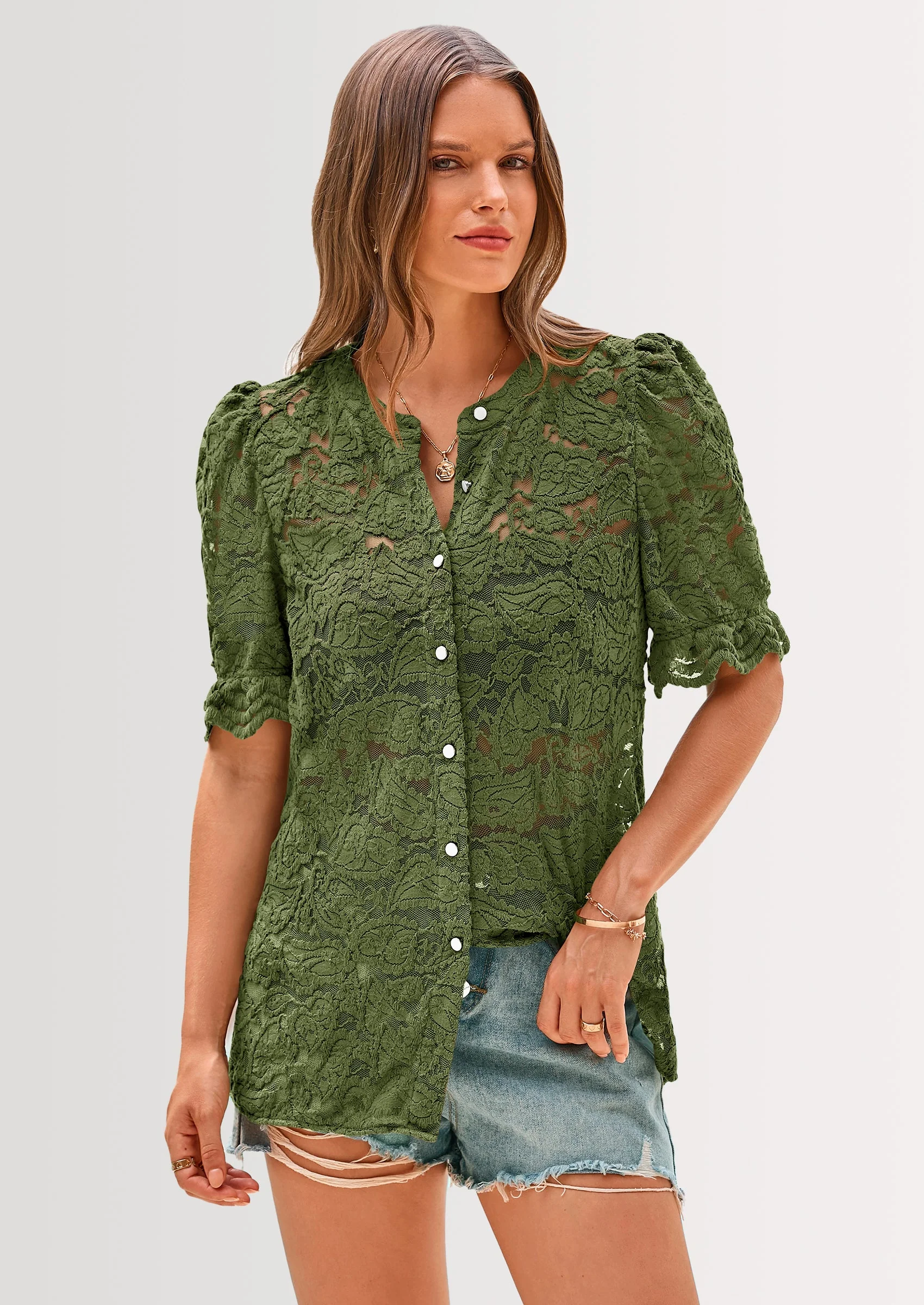 PRETTYGARDEN Womens Spring Lace Tops Short Puff Sleeve Casual Dressy Blouses Eyelet Crew Neck Button Down Shirts - Image 12