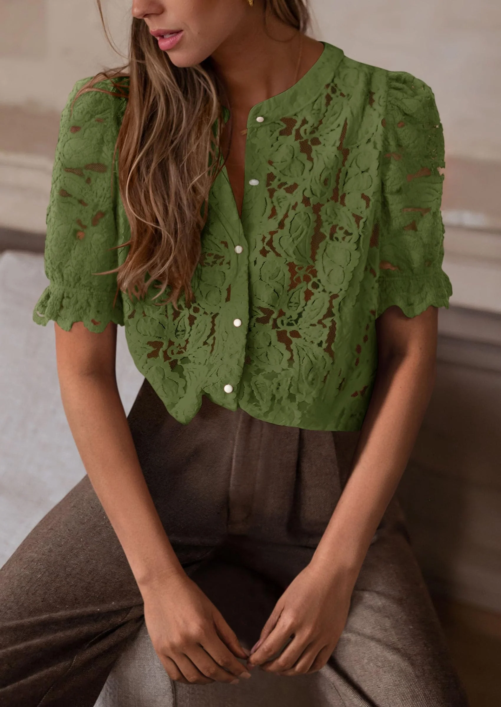 PRETTYGARDEN Womens Spring Lace Tops Short Puff Sleeve Casual Dressy Blouses Eyelet Crew Neck Button Down Shirts - Image 15