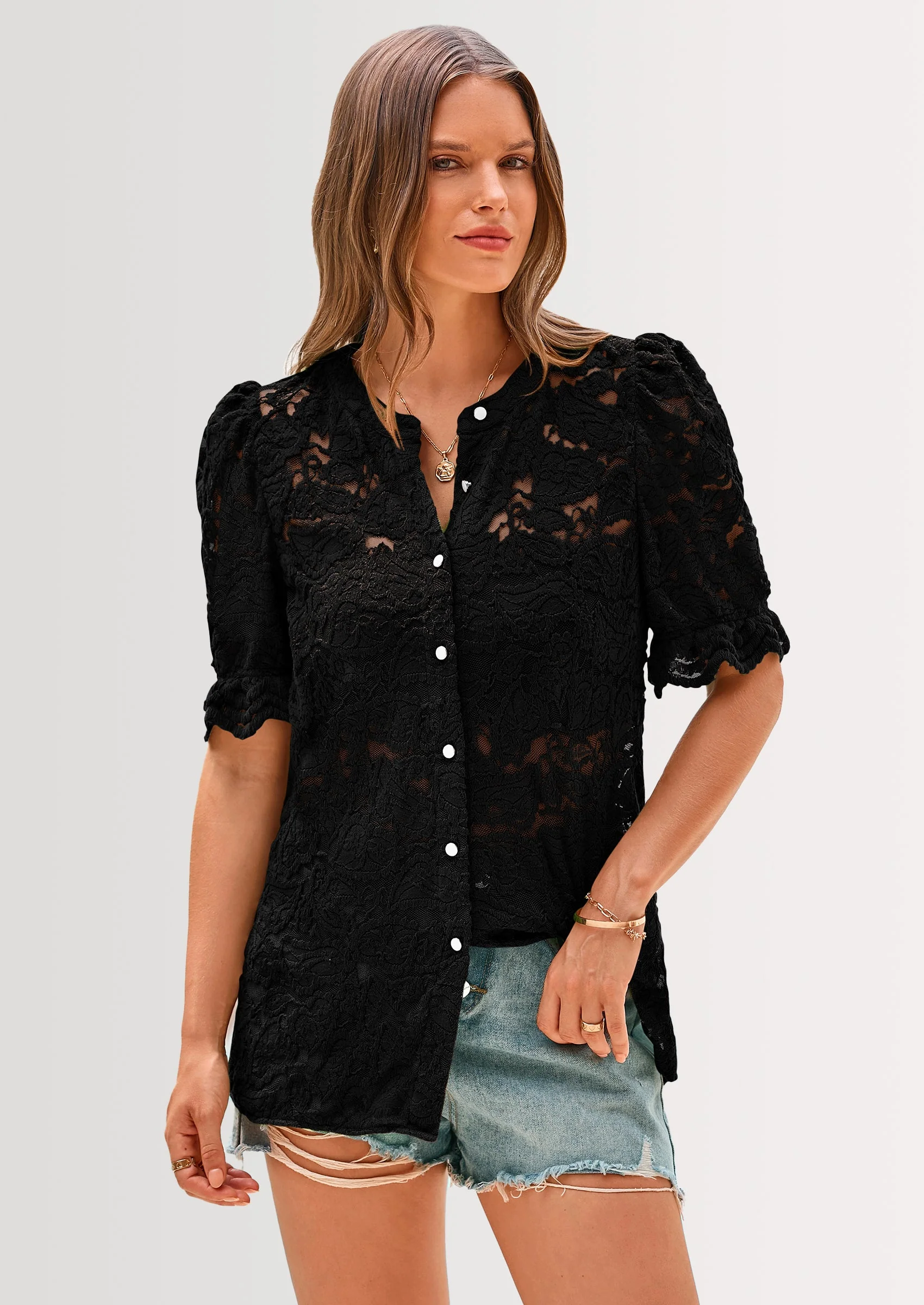 PRETTYGARDEN Womens Spring Lace Tops Short Puff Sleeve Casual Dressy Blouses Eyelet Crew Neck Button Down Shirts - Image 17