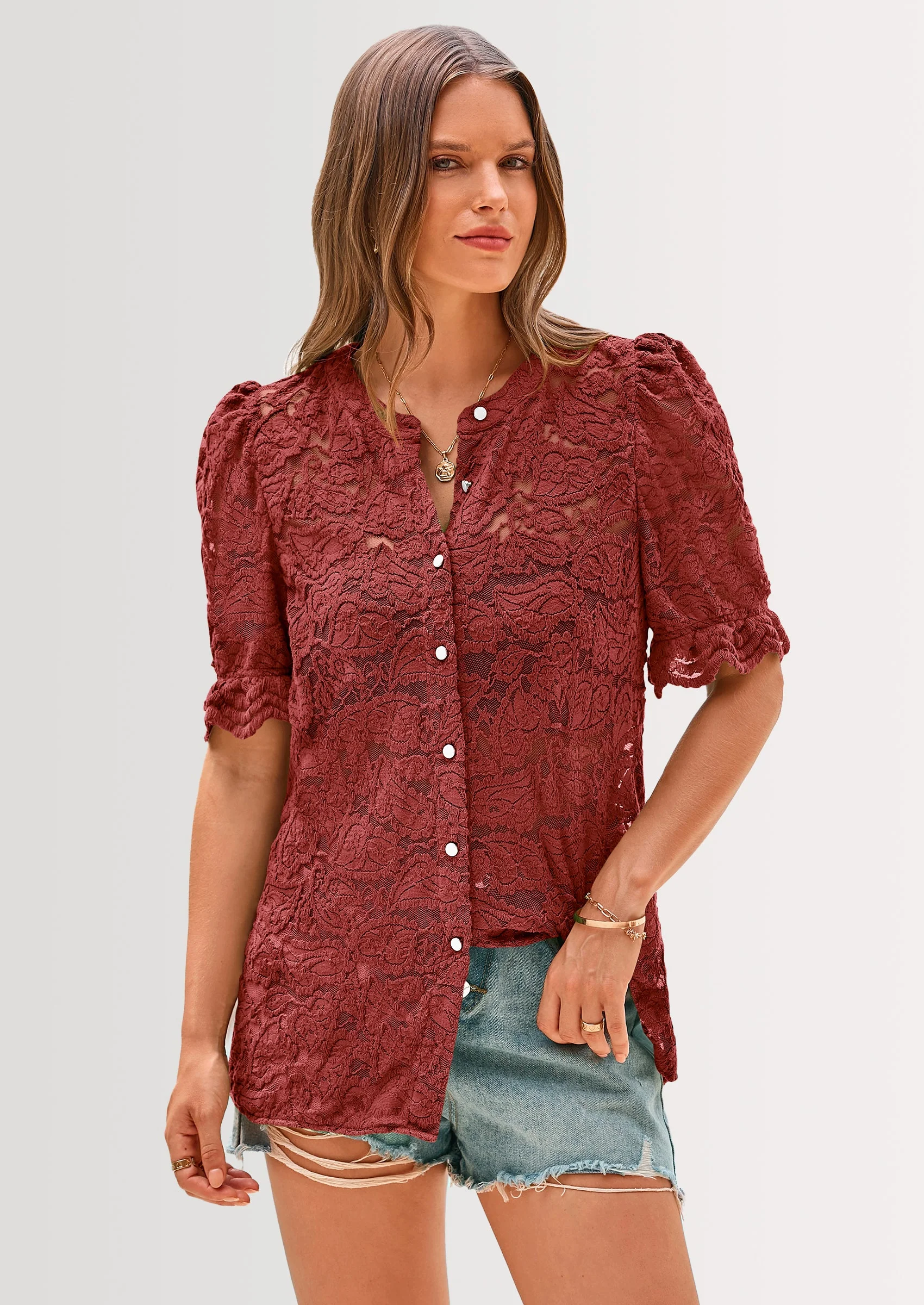 PRETTYGARDEN Womens Spring Lace Tops Short Puff Sleeve Casual Dressy Blouses Eyelet Crew Neck Button Down Shirts - Image 22