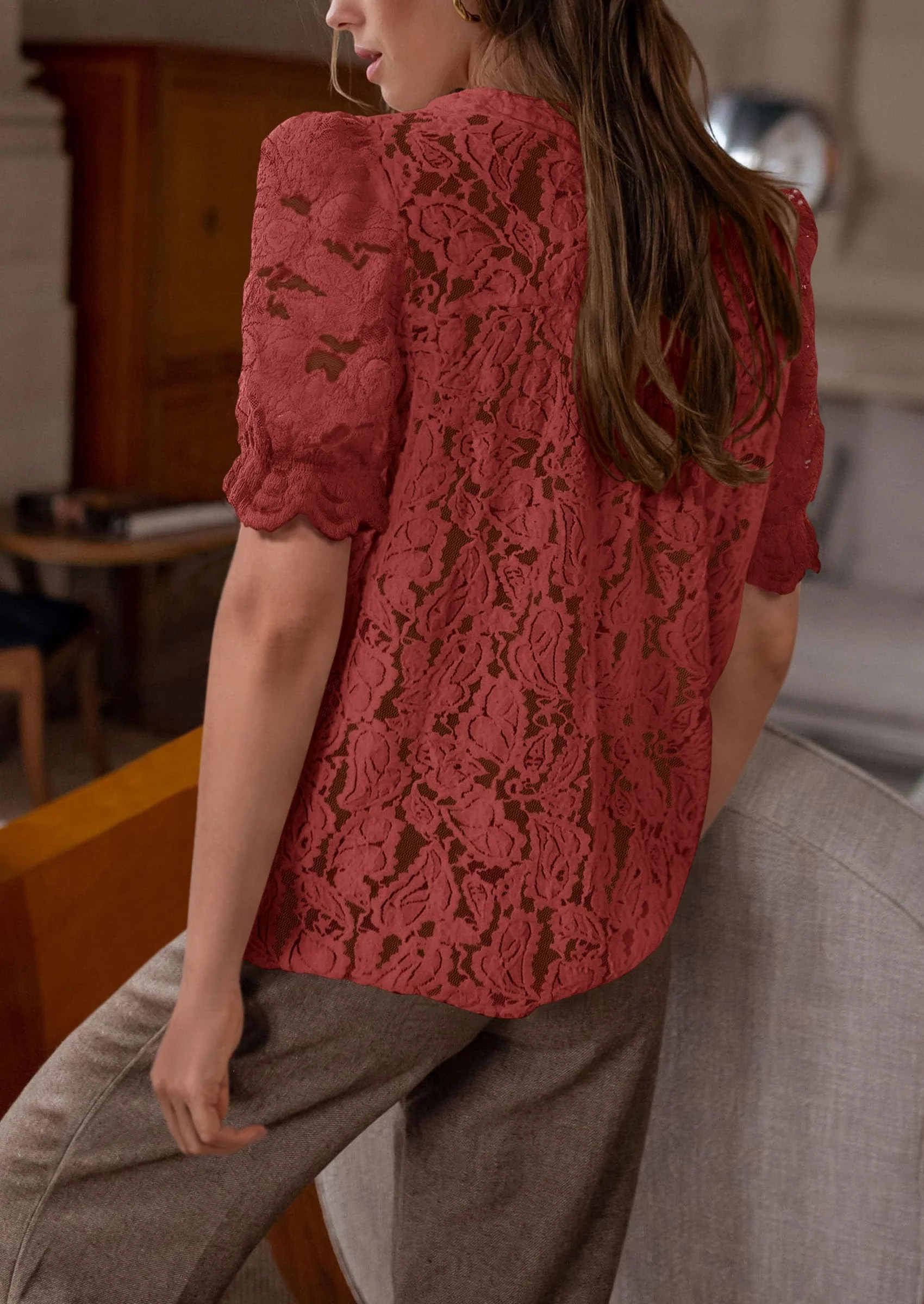 PRETTYGARDEN Womens Spring Lace Tops Short Puff Sleeve Casual Dressy Blouses Eyelet Crew Neck Button Down Shirts - Image 23