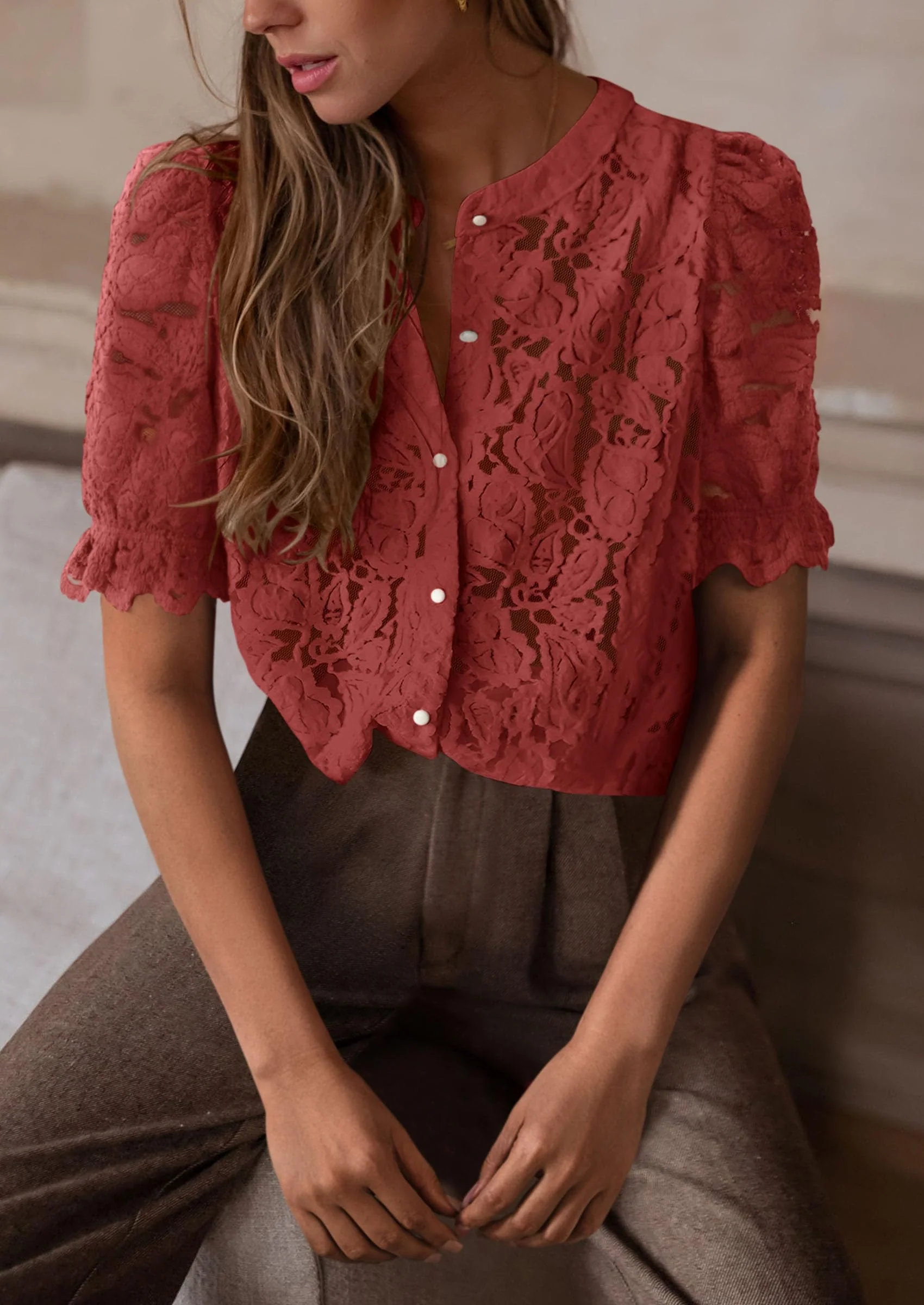 PRETTYGARDEN Womens Spring Lace Tops Short Puff Sleeve Casual Dressy Blouses Eyelet Crew Neck Button Down Shirts - Image 25