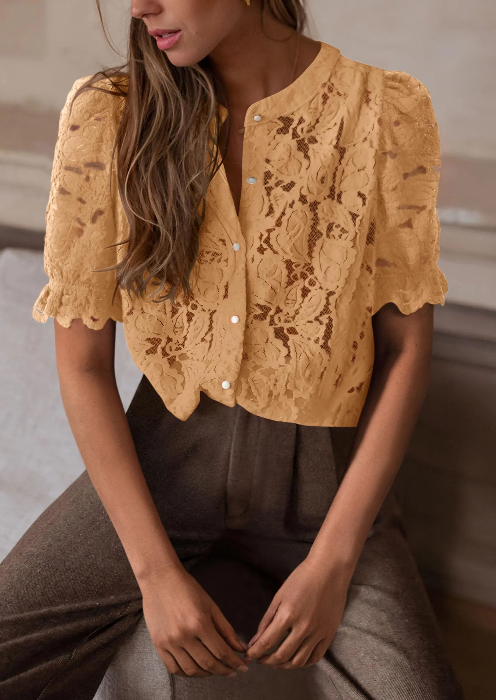 PRETTYGARDEN Womens Spring Lace Tops Short Puff Sleeve Casual Dressy Blouses Eyelet Crew Neck Button Down Shirts - Image 30