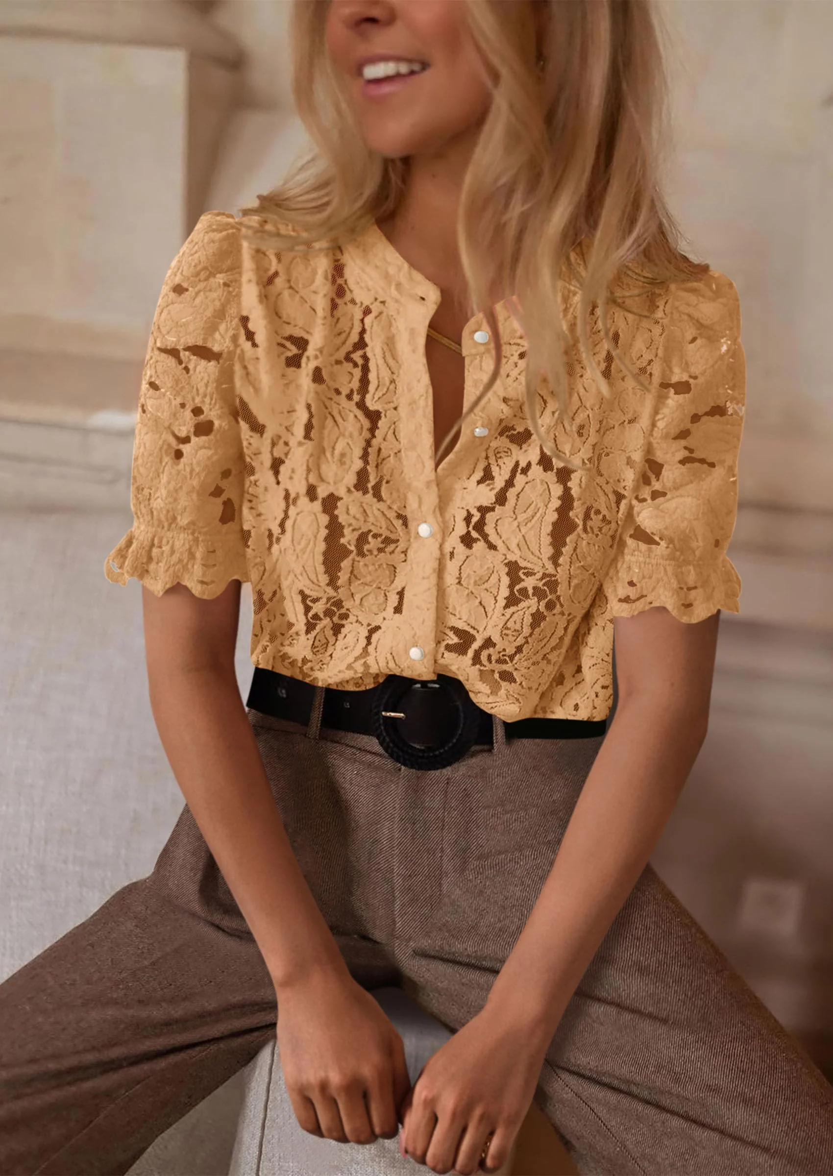 PRETTYGARDEN Womens Spring Lace Tops Short Puff Sleeve Casual Dressy Blouses Eyelet Crew Neck Button Down Shirts - Image 31