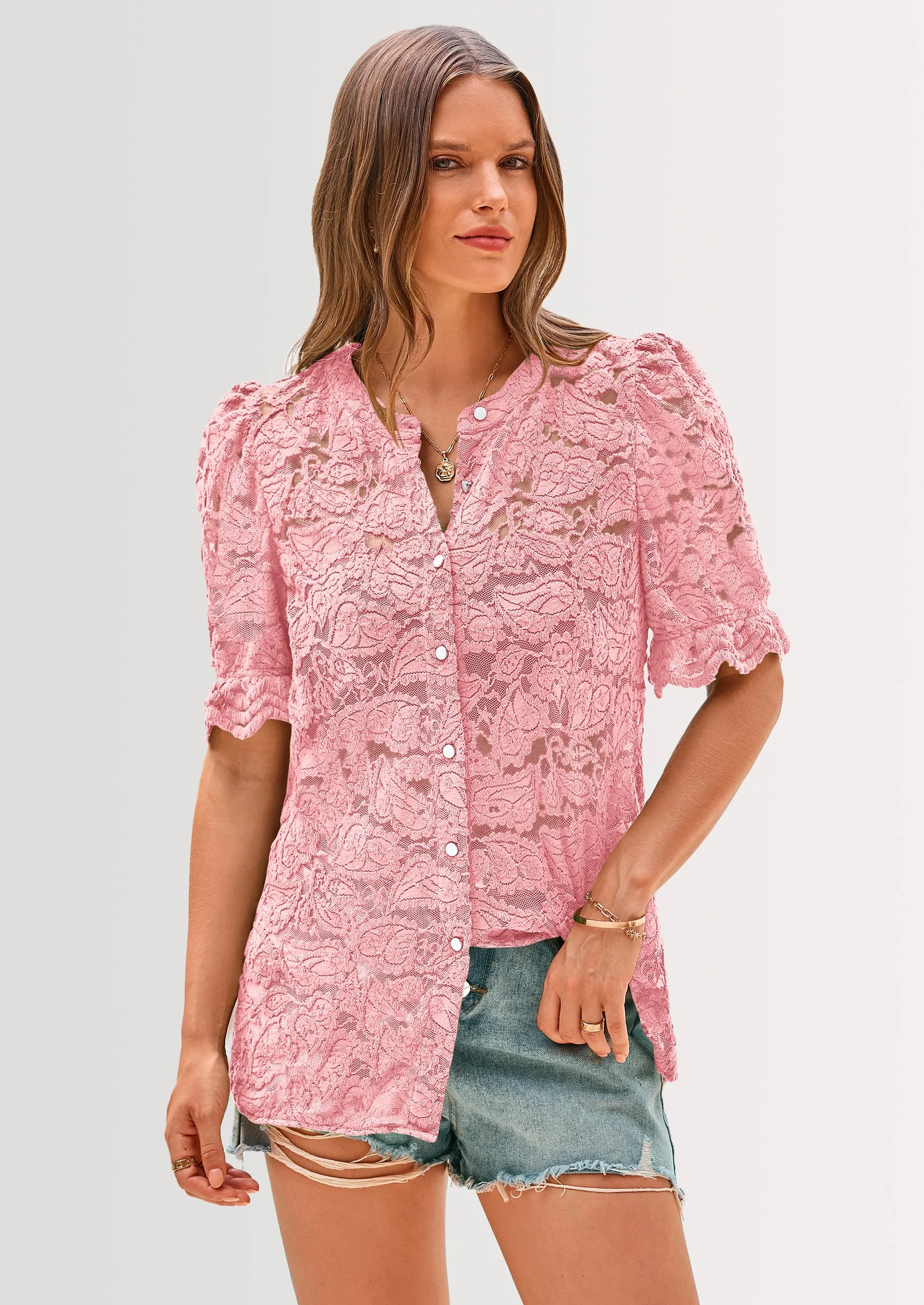 PRETTYGARDEN Womens Spring Lace Tops Short Puff Sleeve Casual Dressy Blouses Eyelet Crew Neck Button Down Shirts - Image 32