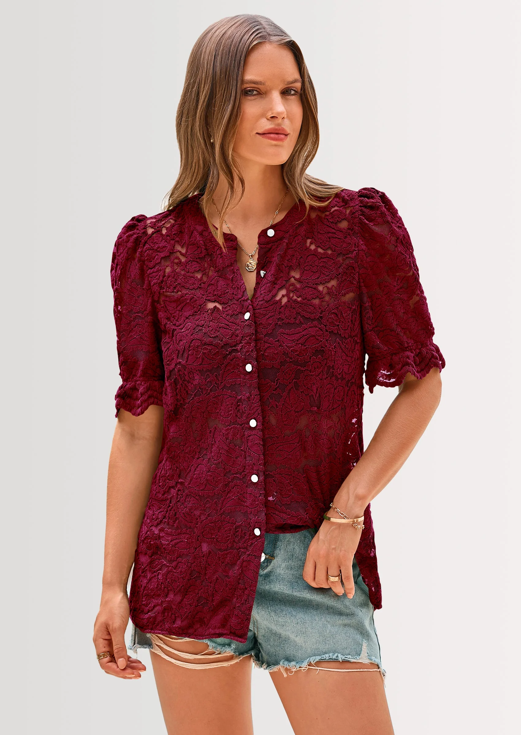 PRETTYGARDEN Womens Spring Lace Tops Short Puff Sleeve Casual Dressy Blouses Eyelet Crew Neck Button Down Shirts - Image 37