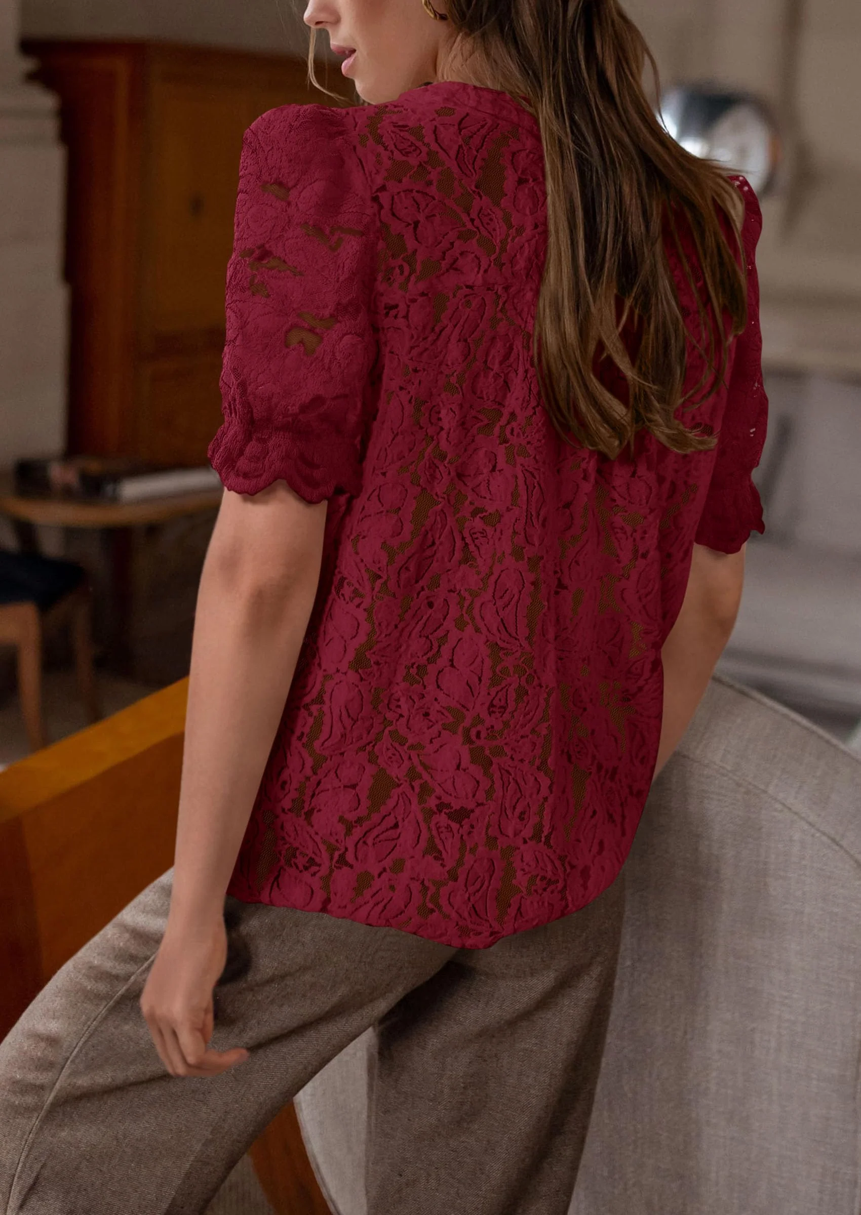 PRETTYGARDEN Womens Spring Lace Tops Short Puff Sleeve Casual Dressy Blouses Eyelet Crew Neck Button Down Shirts - Image 38