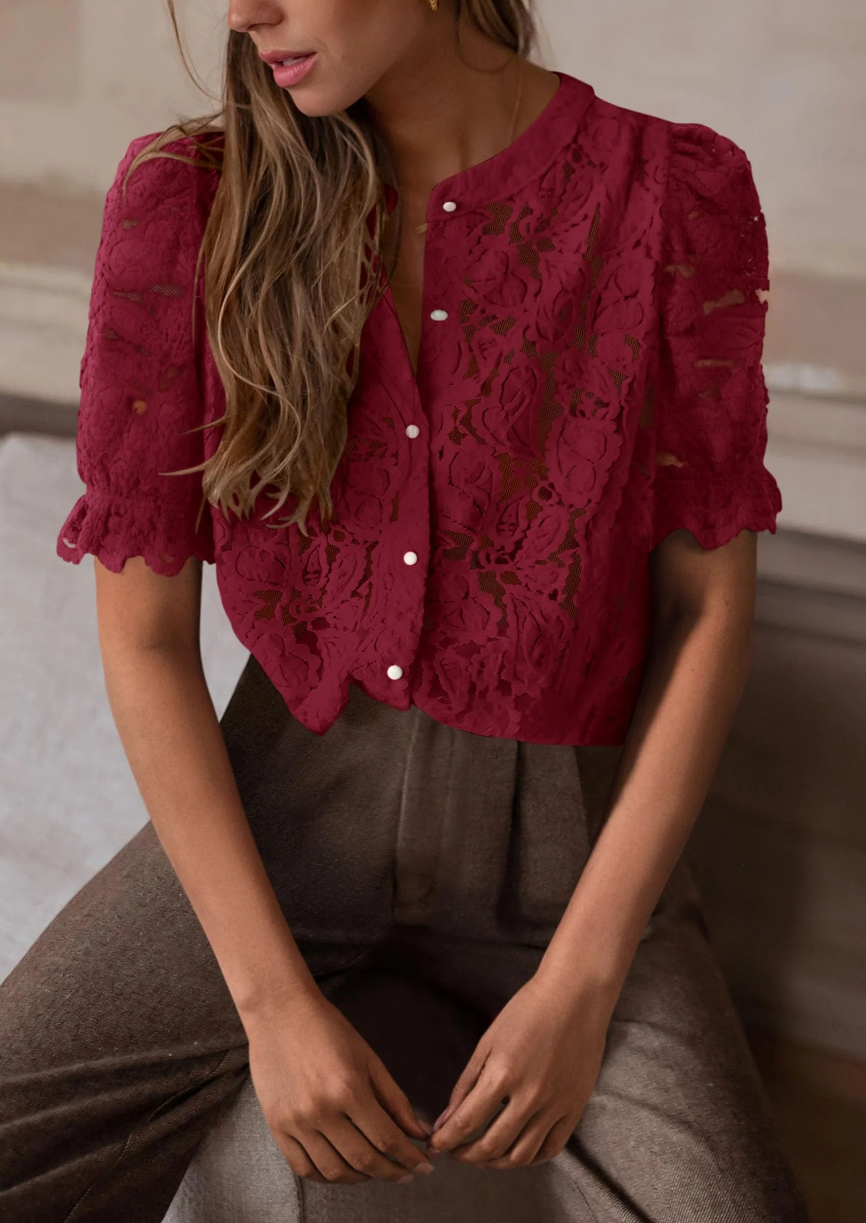 PRETTYGARDEN Womens Spring Lace Tops Short Puff Sleeve Casual Dressy Blouses Eyelet Crew Neck Button Down Shirts - Image 40