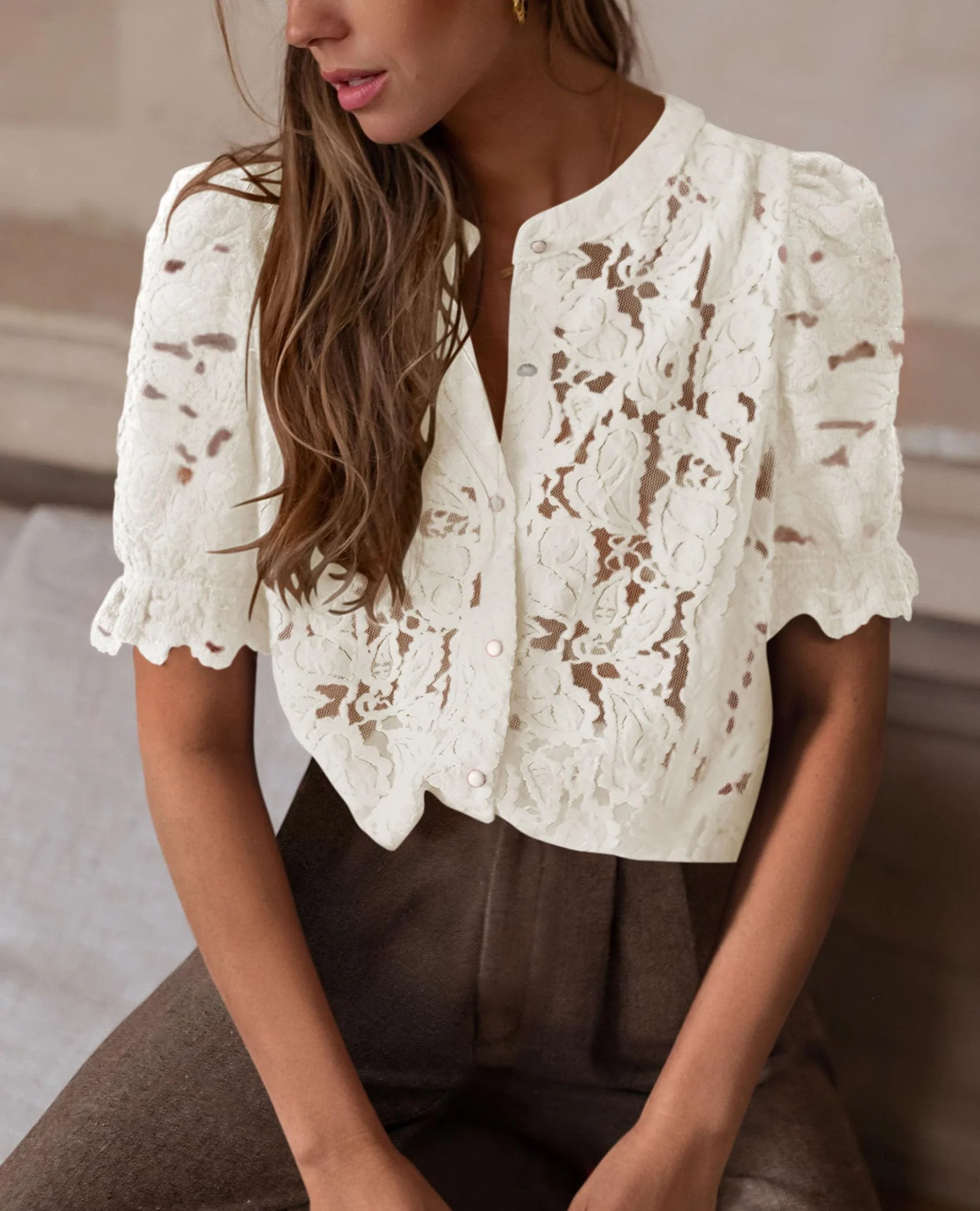 PRETTYGARDEN Womens Spring Lace Tops Short Puff Sleeve Casual Dressy Blouses Eyelet Crew Neck Button Down Shirts - Image 45