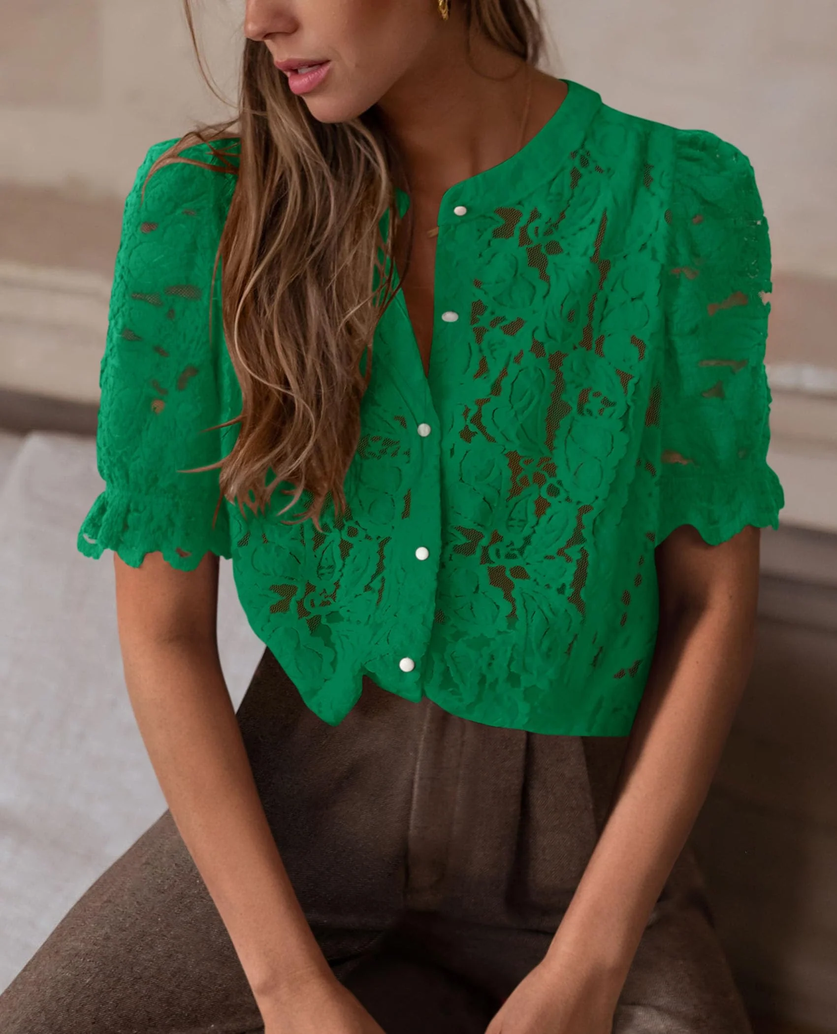 PRETTYGARDEN Womens Spring Lace Tops Short Puff Sleeve Casual Dressy Blouses Eyelet Crew Neck Button Down Shirts - Image 48