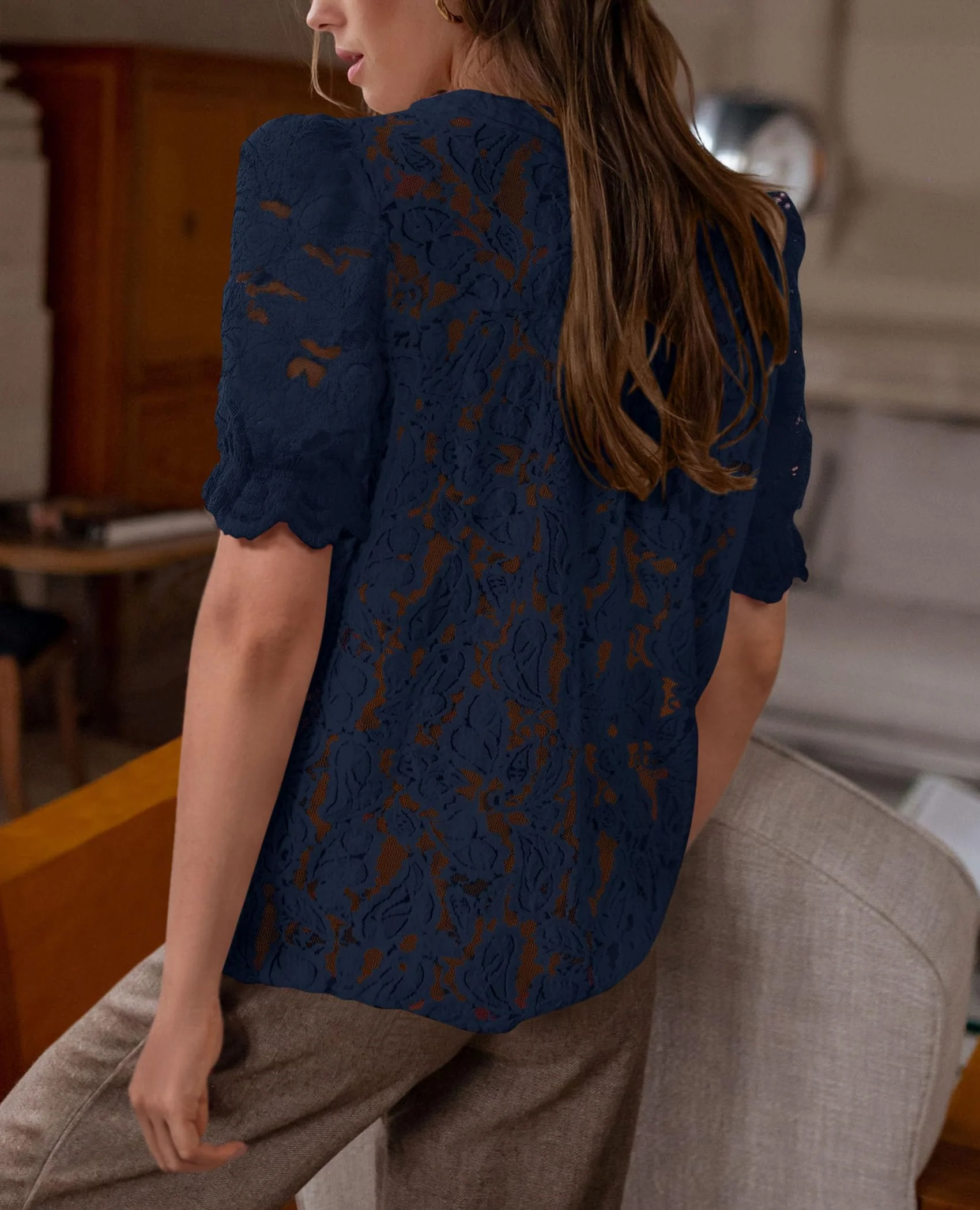 PRETTYGARDEN Womens Spring Lace Tops Short Puff Sleeve Casual Dressy Blouses Eyelet Crew Neck Button Down Shirts - Image 51