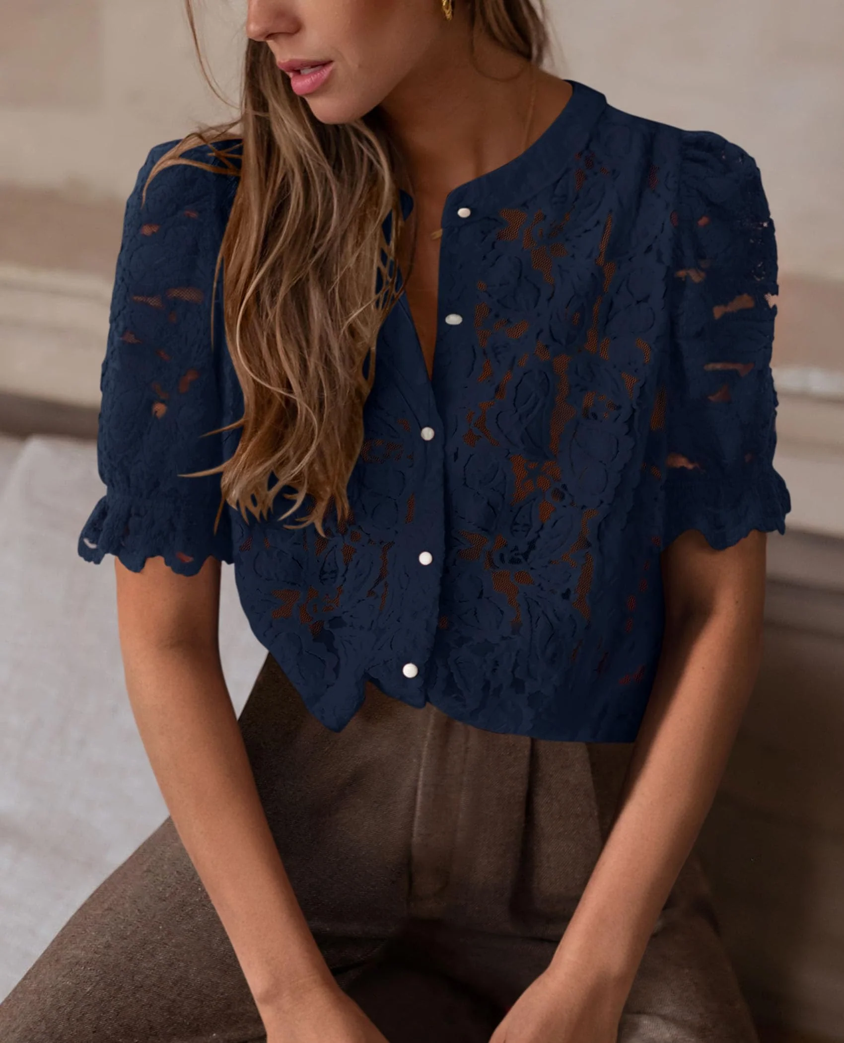 PRETTYGARDEN Womens Spring Lace Tops Short Puff Sleeve Casual Dressy Blouses Eyelet Crew Neck Button Down Shirts - Image 52