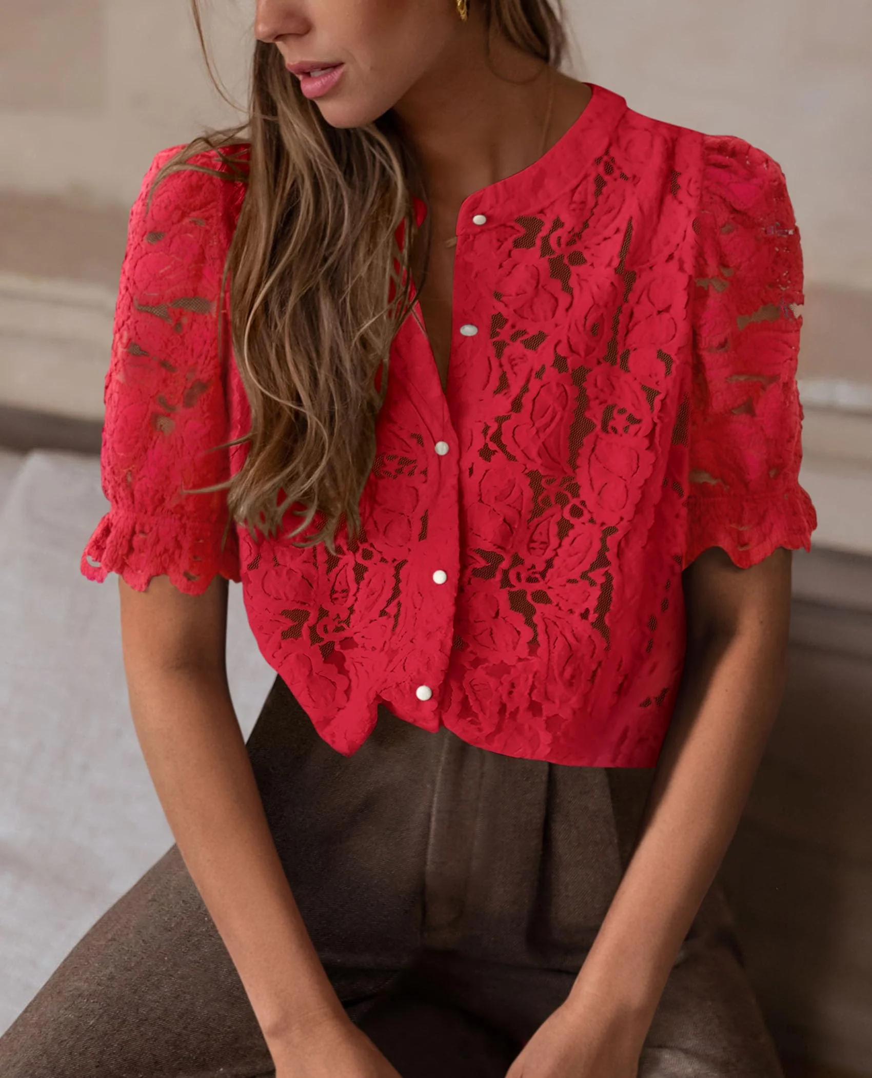 PRETTYGARDEN Womens Spring Lace Tops Short Puff Sleeve Casual Dressy Blouses Eyelet Crew Neck Button Down Shirts - Image 56