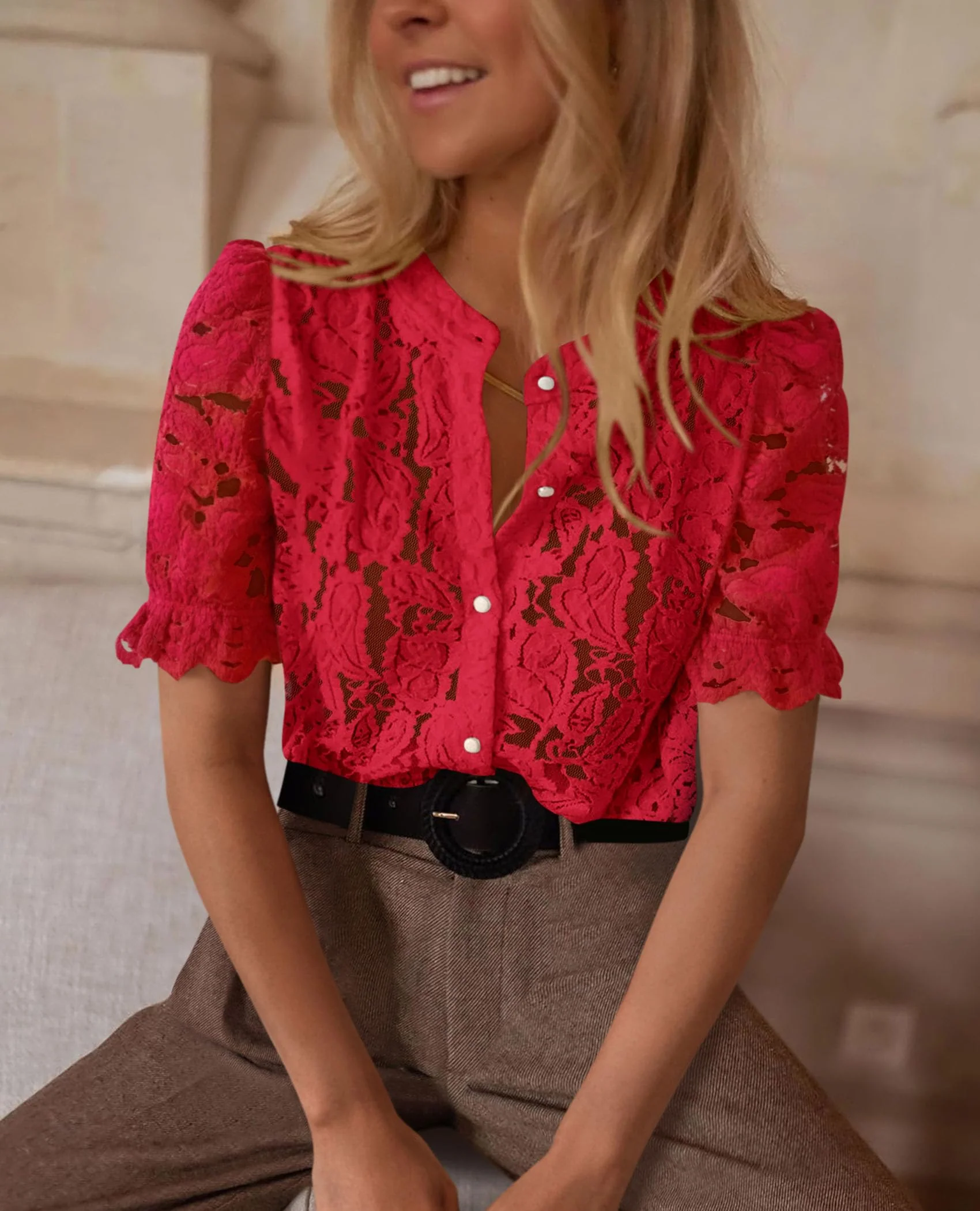 PRETTYGARDEN Womens Spring Lace Tops Short Puff Sleeve Casual Dressy Blouses Eyelet Crew Neck Button Down Shirts - Image 57