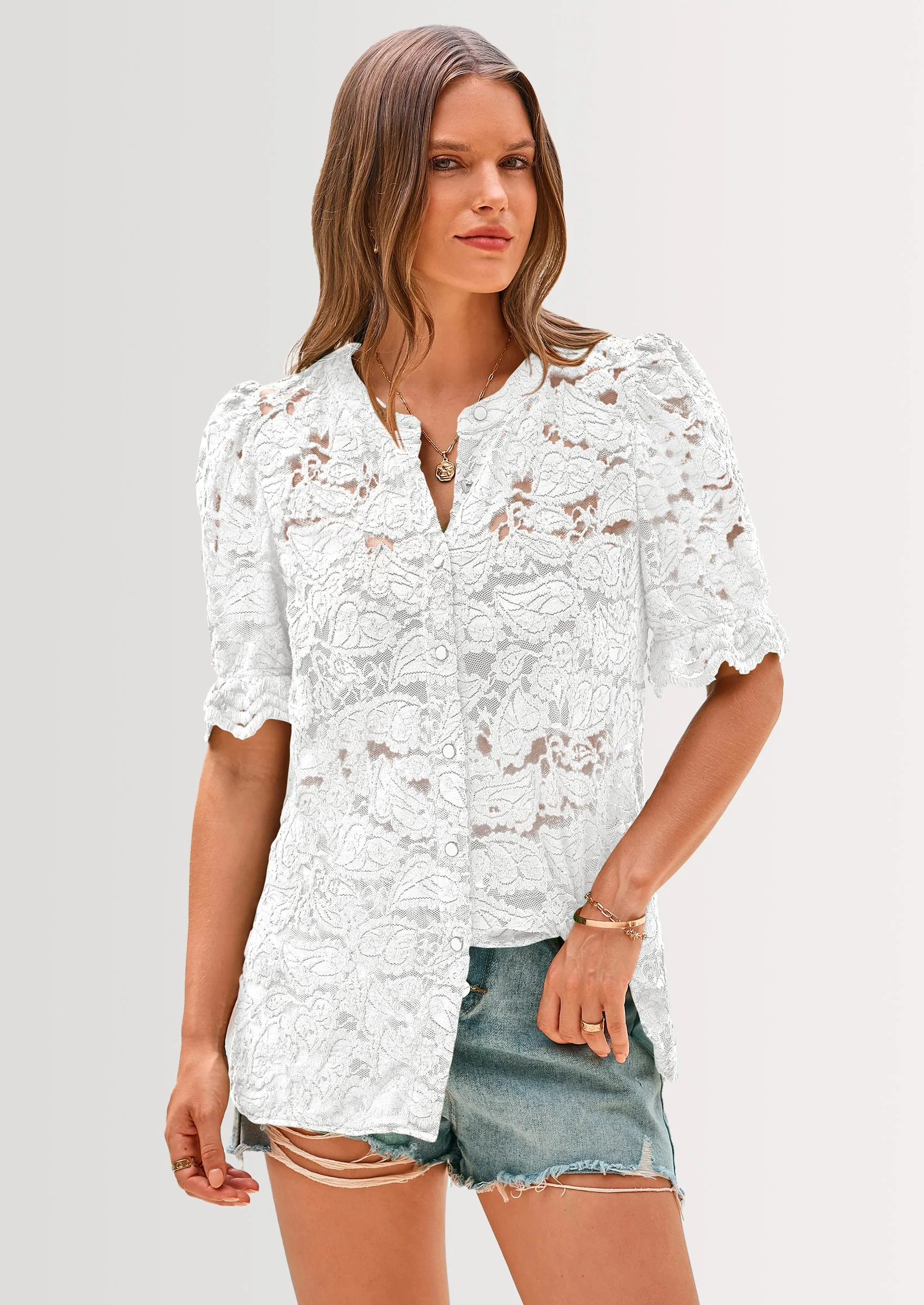 PRETTYGARDEN Womens Spring Lace Tops Short Puff Sleeve Casual Dressy Blouses Eyelet Crew Neck Button Down Shirts - Image 7