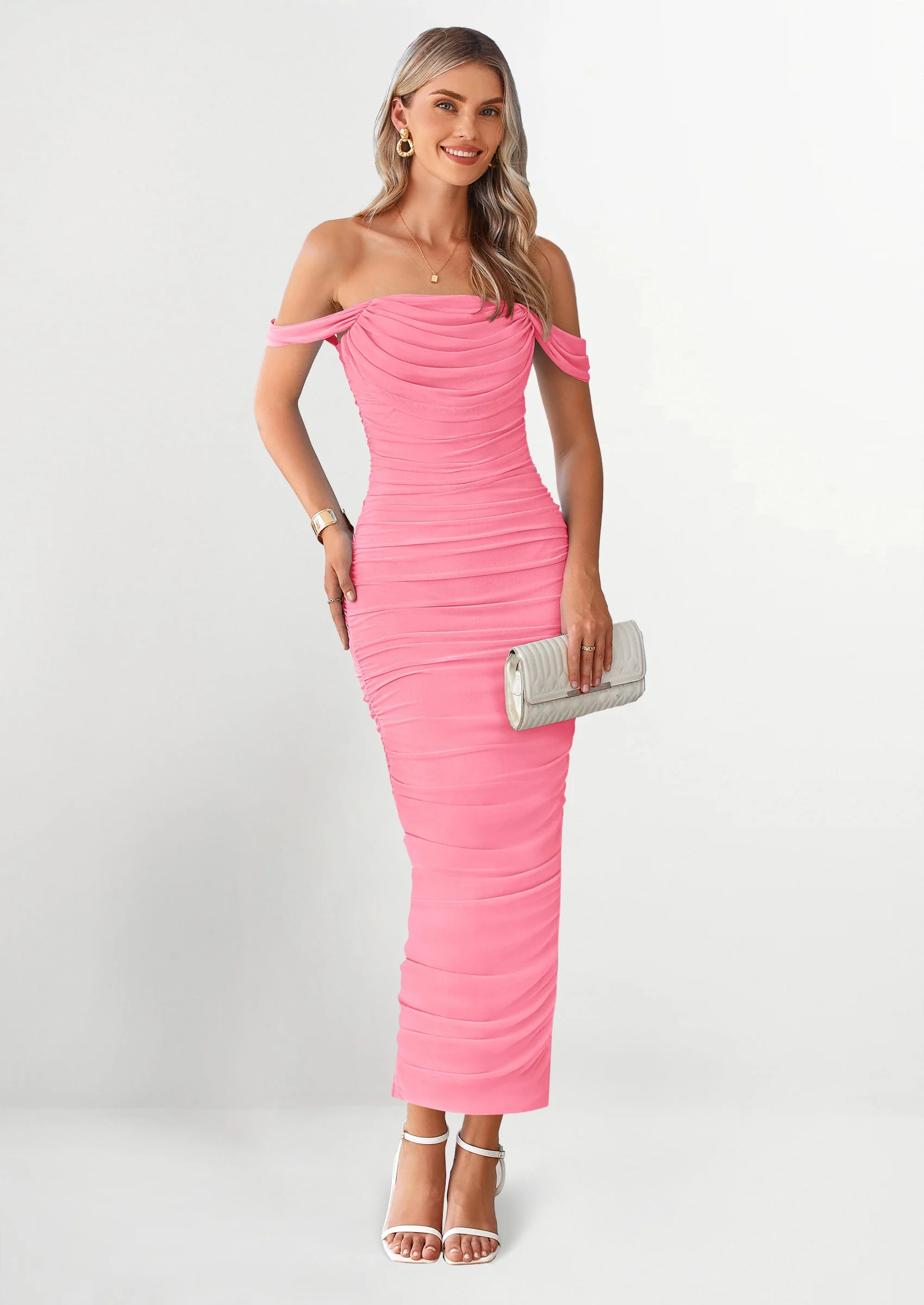 PRETTYGARDEN Womens Off The Shoulder Dress Ruched Bodycon Sleeveless Split Cocktail Party Maxi Dresses - Image 10