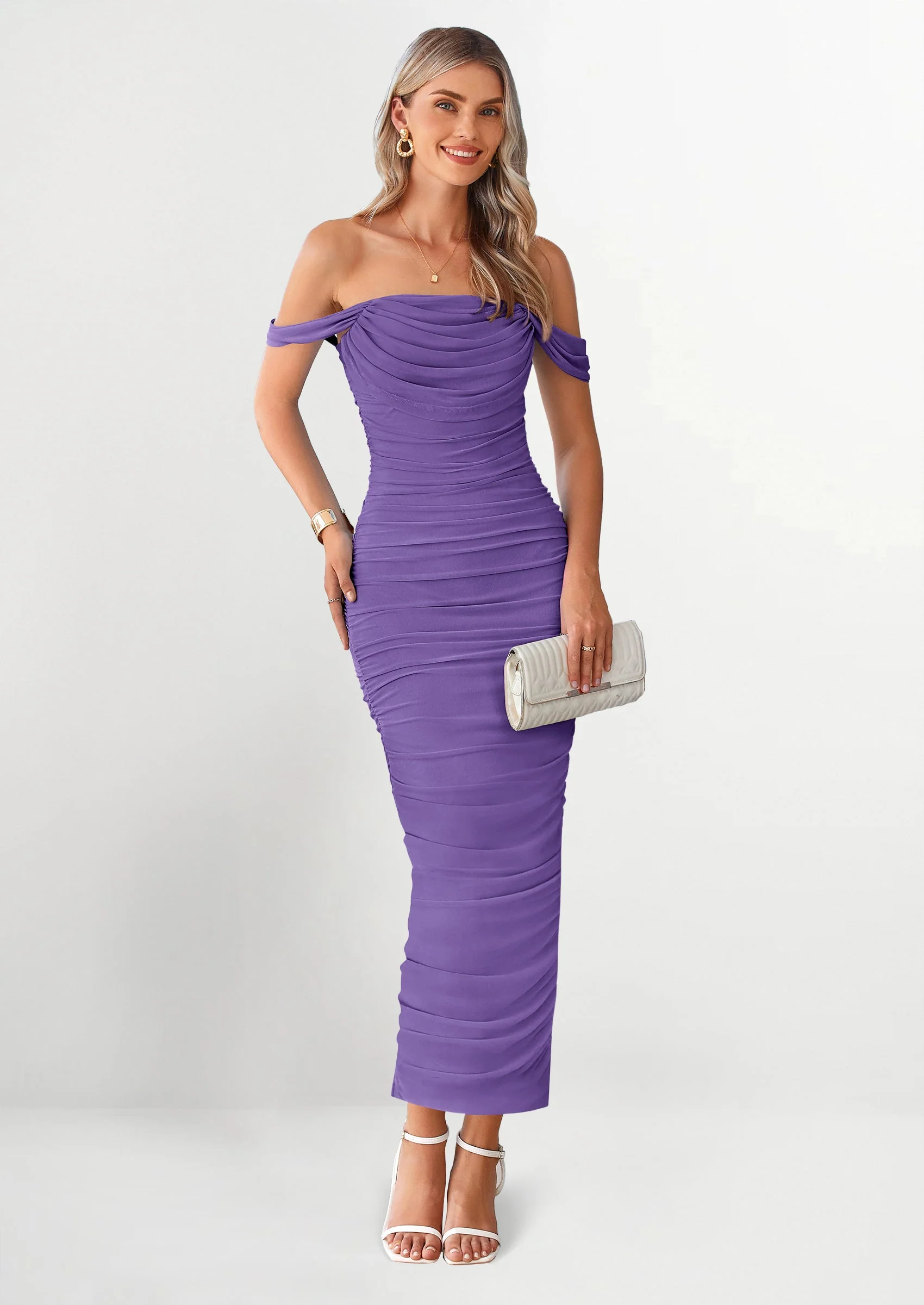 PRETTYGARDEN Womens Off The Shoulder Dress Ruched Bodycon Sleeveless Split Cocktail Party Maxi Dresses - Image 106