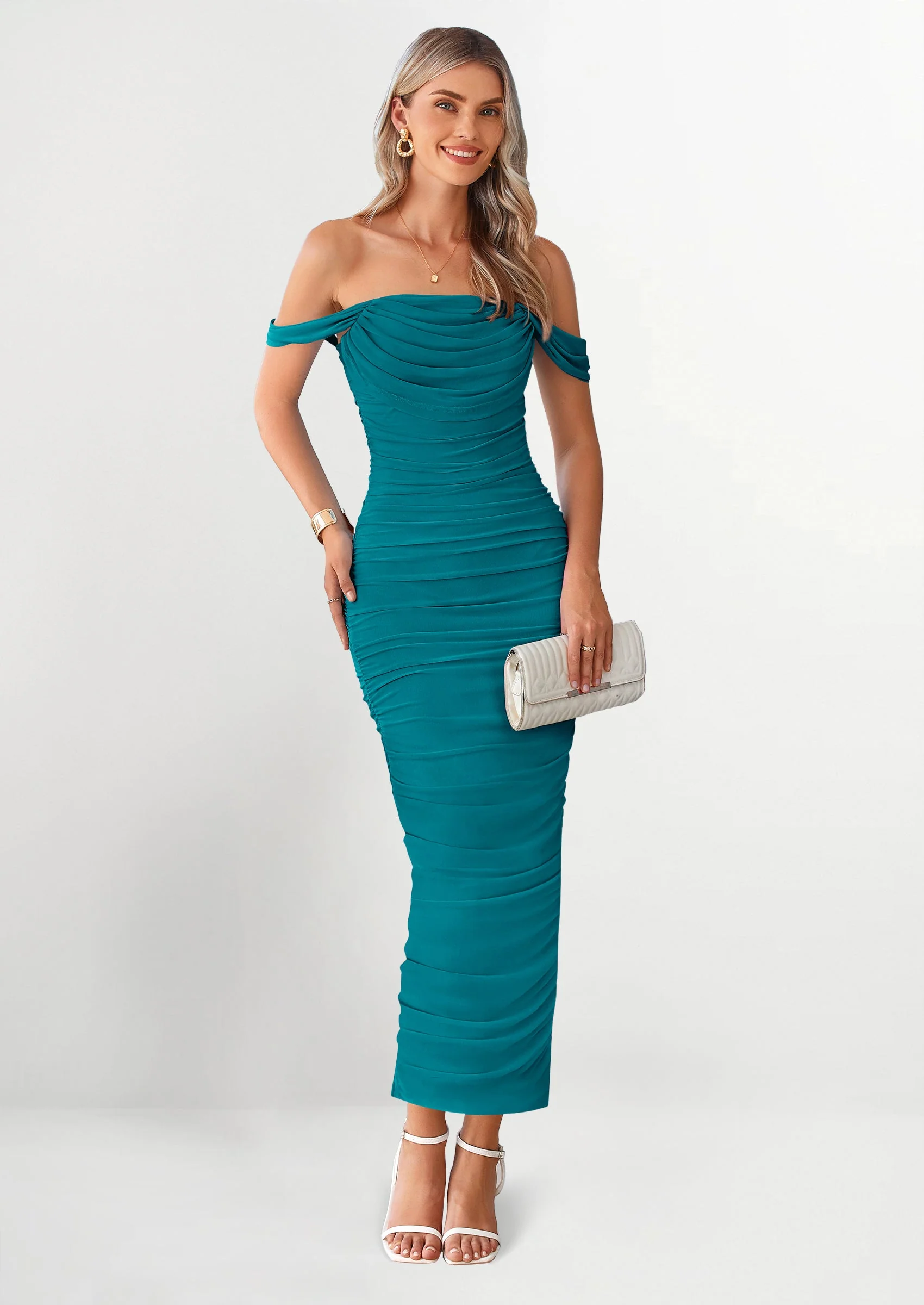 PRETTYGARDEN Womens Off The Shoulder Dress Ruched Bodycon Sleeveless Split Cocktail Party Maxi Dresses - Image 122