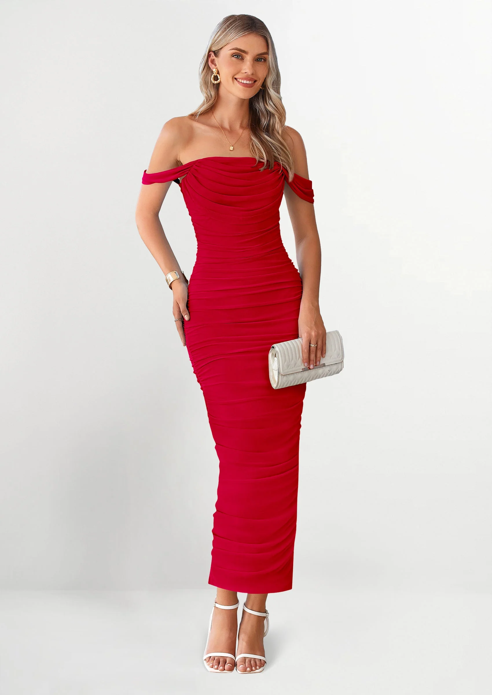 PRETTYGARDEN Womens Off The Shoulder Dress Ruched Bodycon Sleeveless Split Cocktail Party Maxi Dresses - Image 146