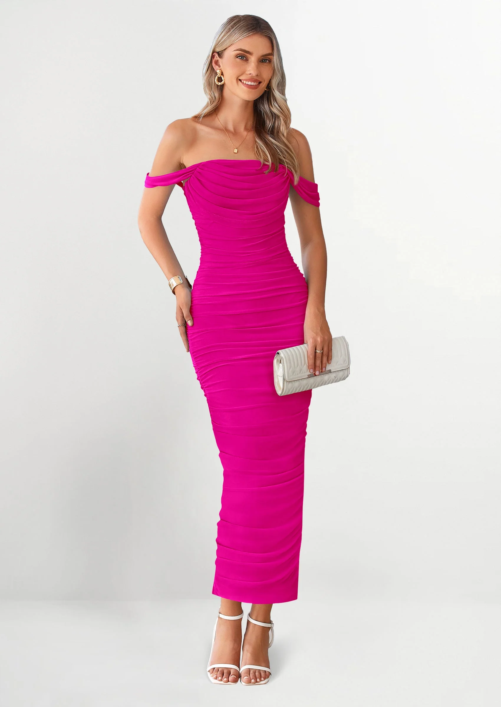 PRETTYGARDEN Womens Off The Shoulder Dress Ruched Bodycon Sleeveless Split Cocktail Party Maxi Dresses - Image 154