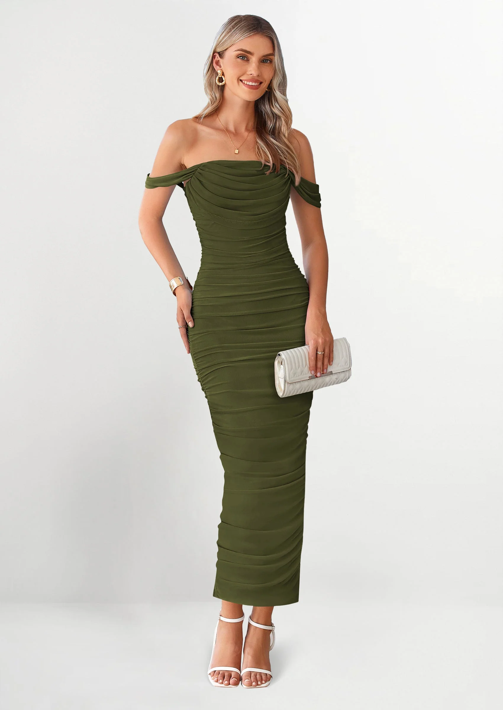 PRETTYGARDEN Womens Off The Shoulder Dress Ruched Bodycon Sleeveless Split Cocktail Party Maxi Dresses - Image 18