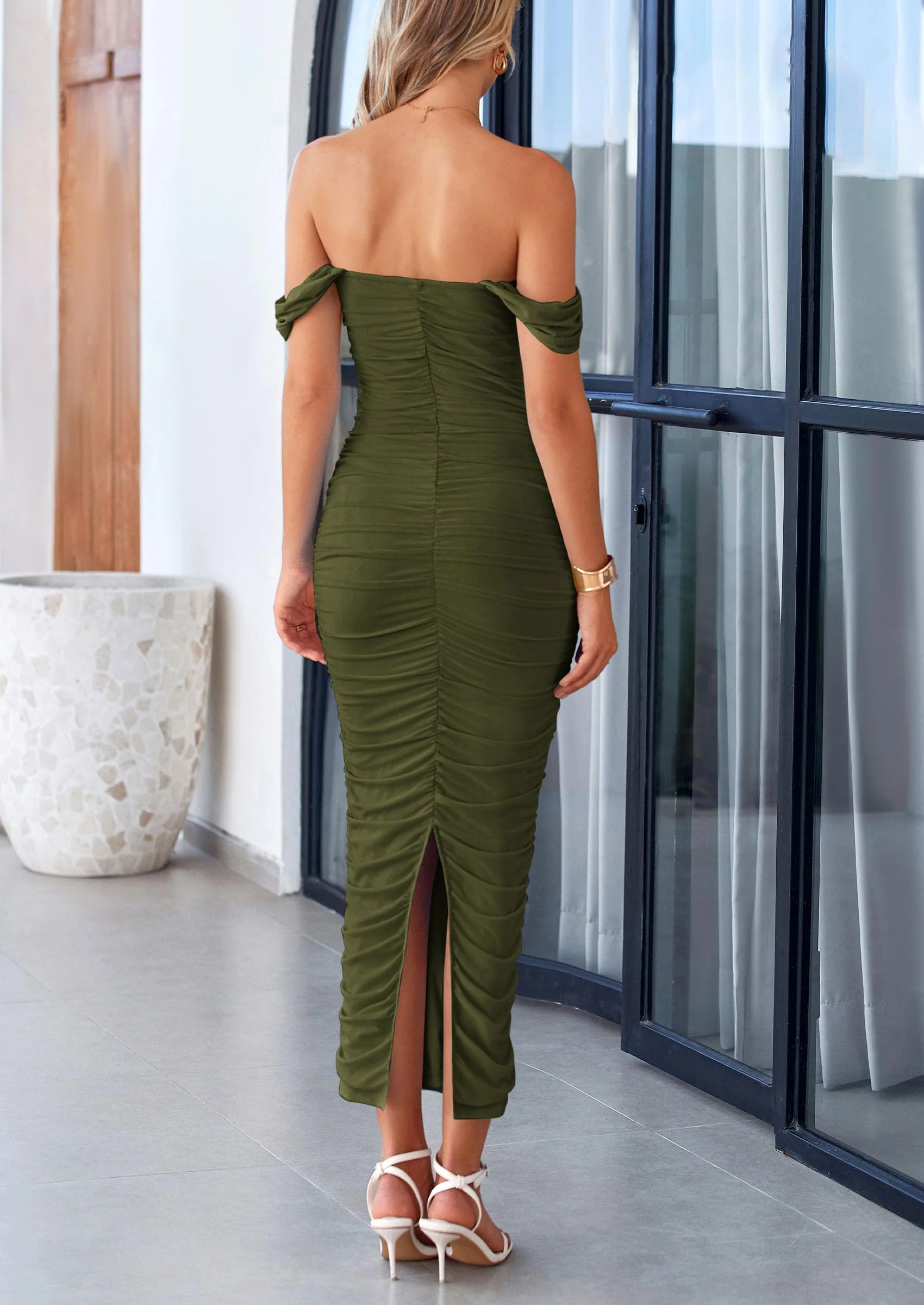 PRETTYGARDEN Womens Off The Shoulder Dress Ruched Bodycon Sleeveless Split Cocktail Party Maxi Dresses - Image 19