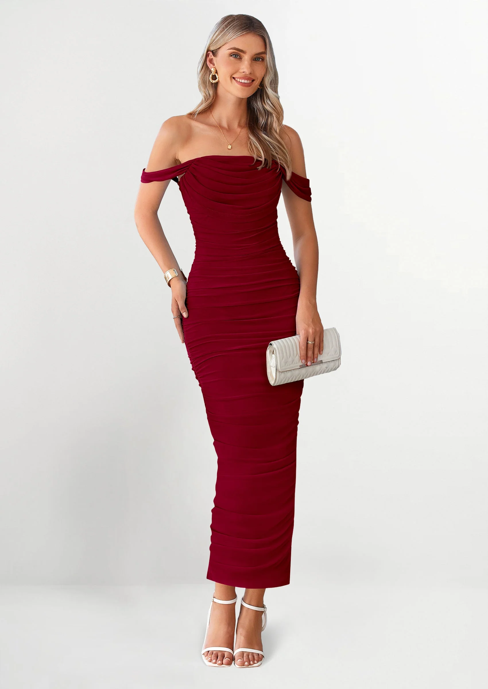 PRETTYGARDEN Womens Off The Shoulder Dress Ruched Bodycon Sleeveless Split Cocktail Party Maxi Dresses - Image 42