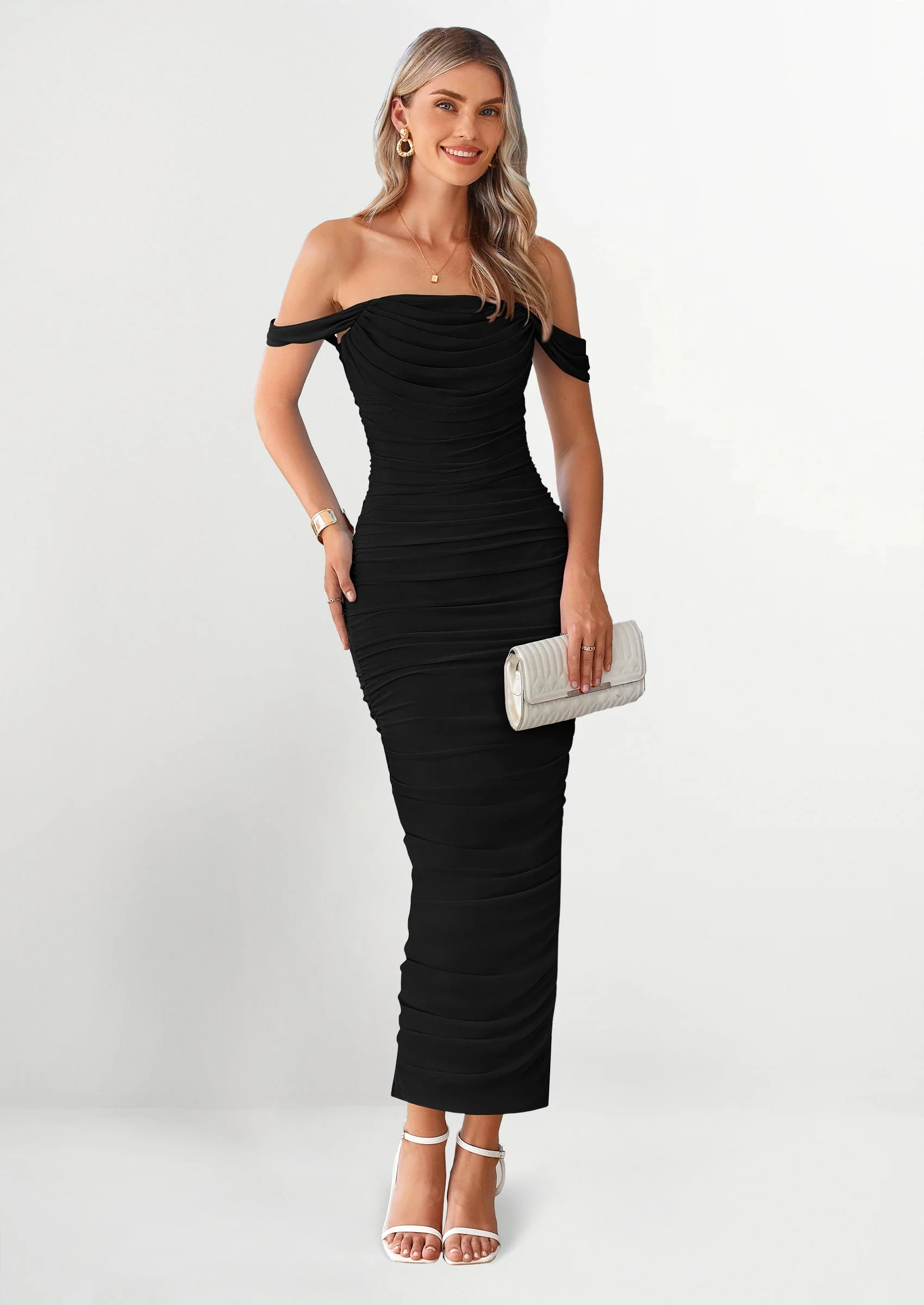 PRETTYGARDEN Womens Off The Shoulder Dress Ruched Bodycon Sleeveless Split Cocktail Party Maxi Dresses - Image 50