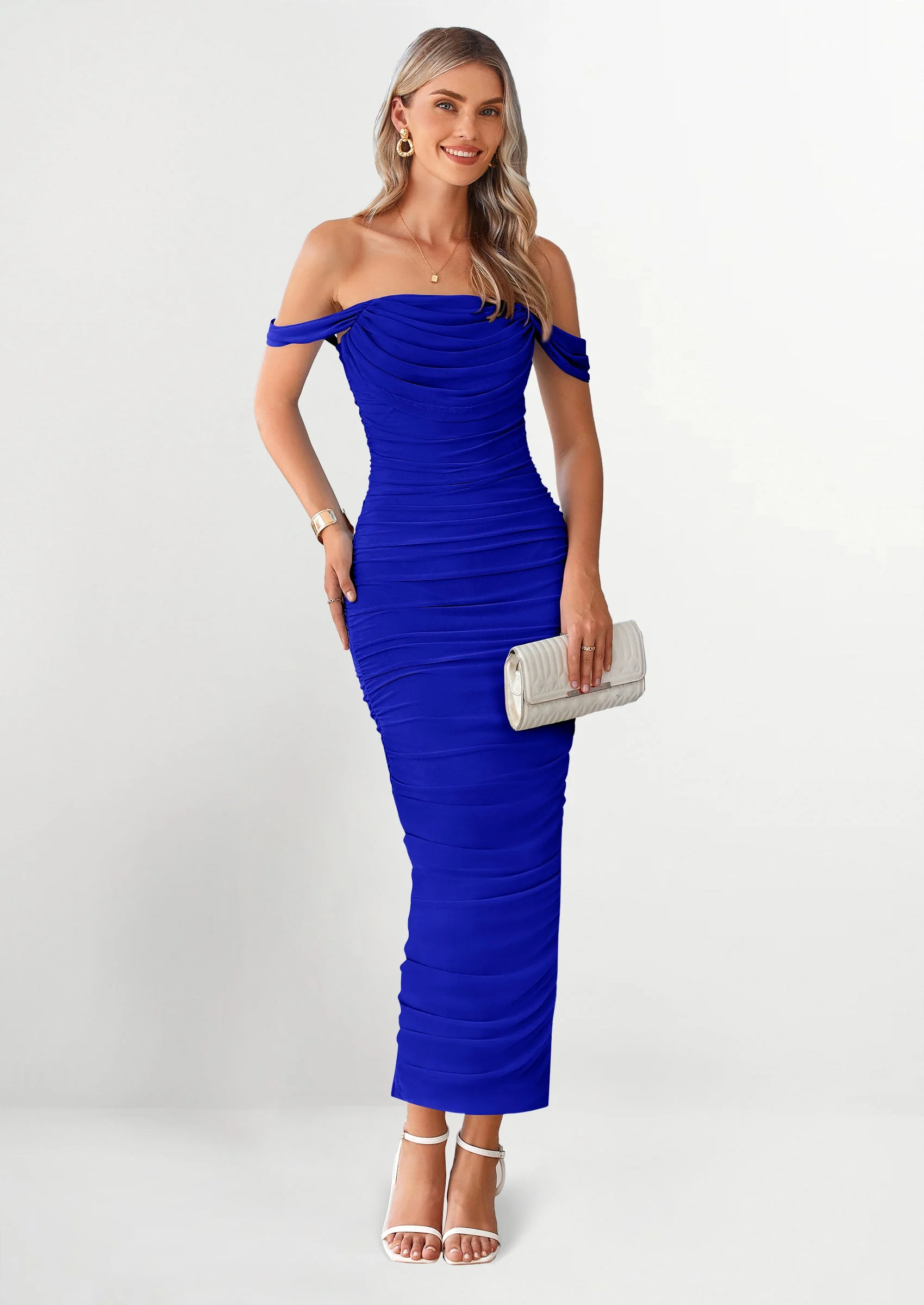 PRETTYGARDEN Womens Off The Shoulder Dress Ruched Bodycon Sleeveless Split Cocktail Party Maxi Dresses - Image 66