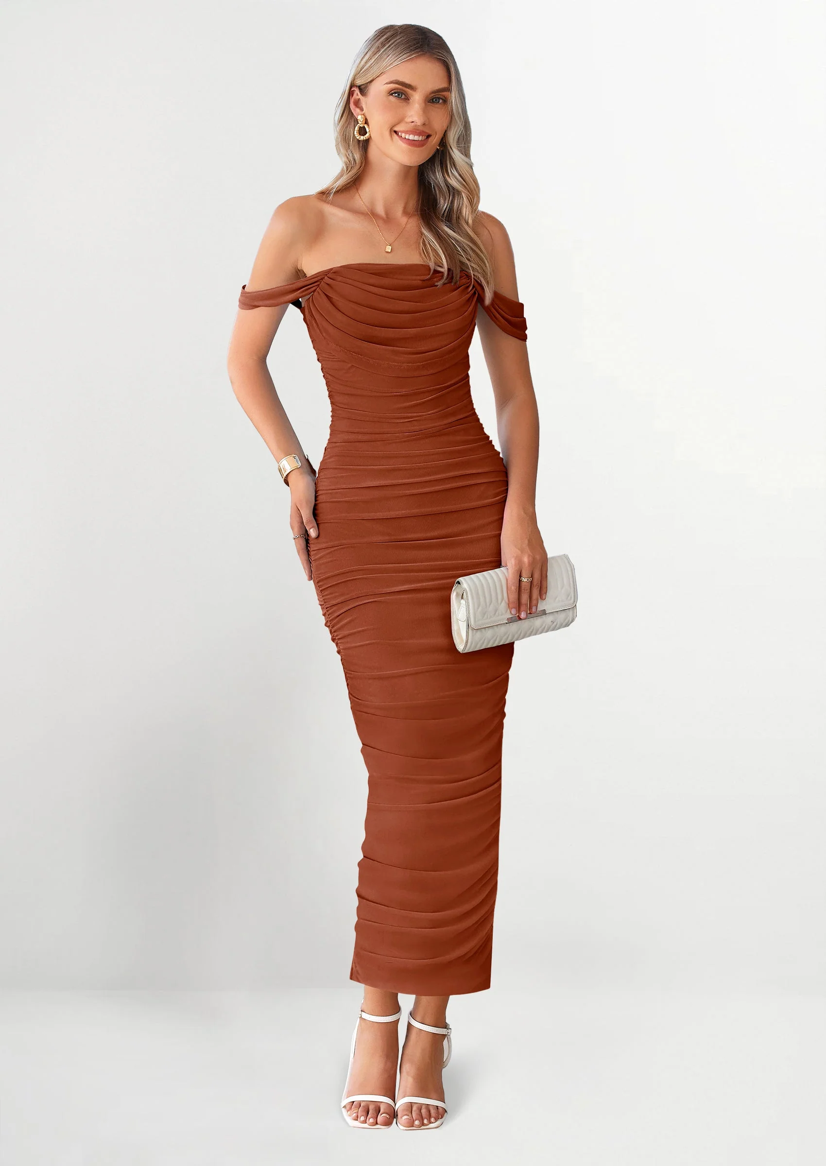 PRETTYGARDEN Womens Off The Shoulder Dress Ruched Bodycon Sleeveless Split Cocktail Party Maxi Dresses - Image 82