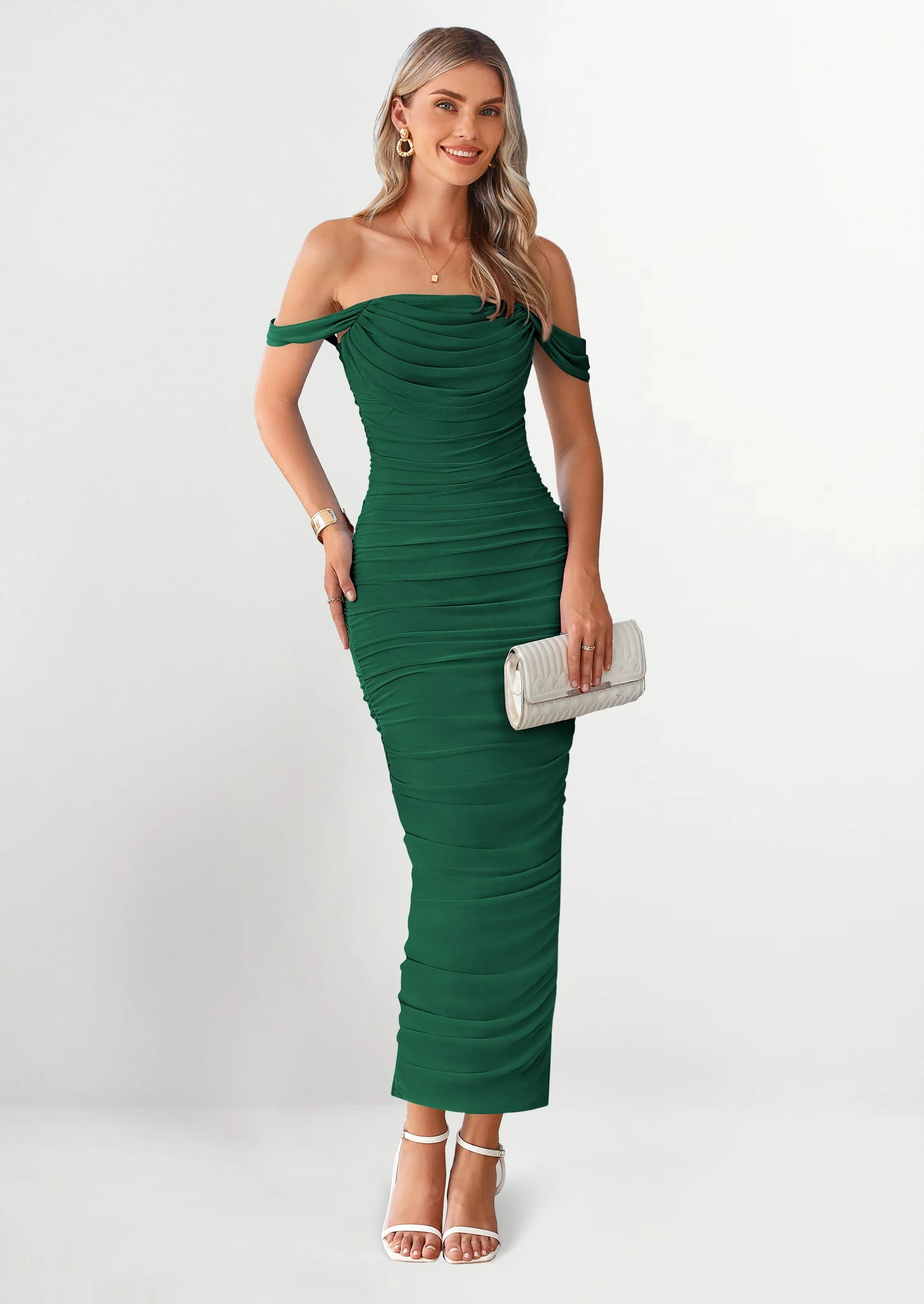 PRETTYGARDEN Womens Off The Shoulder Dress Ruched Bodycon Sleeveless Split Cocktail Party Maxi Dresses - Image 90