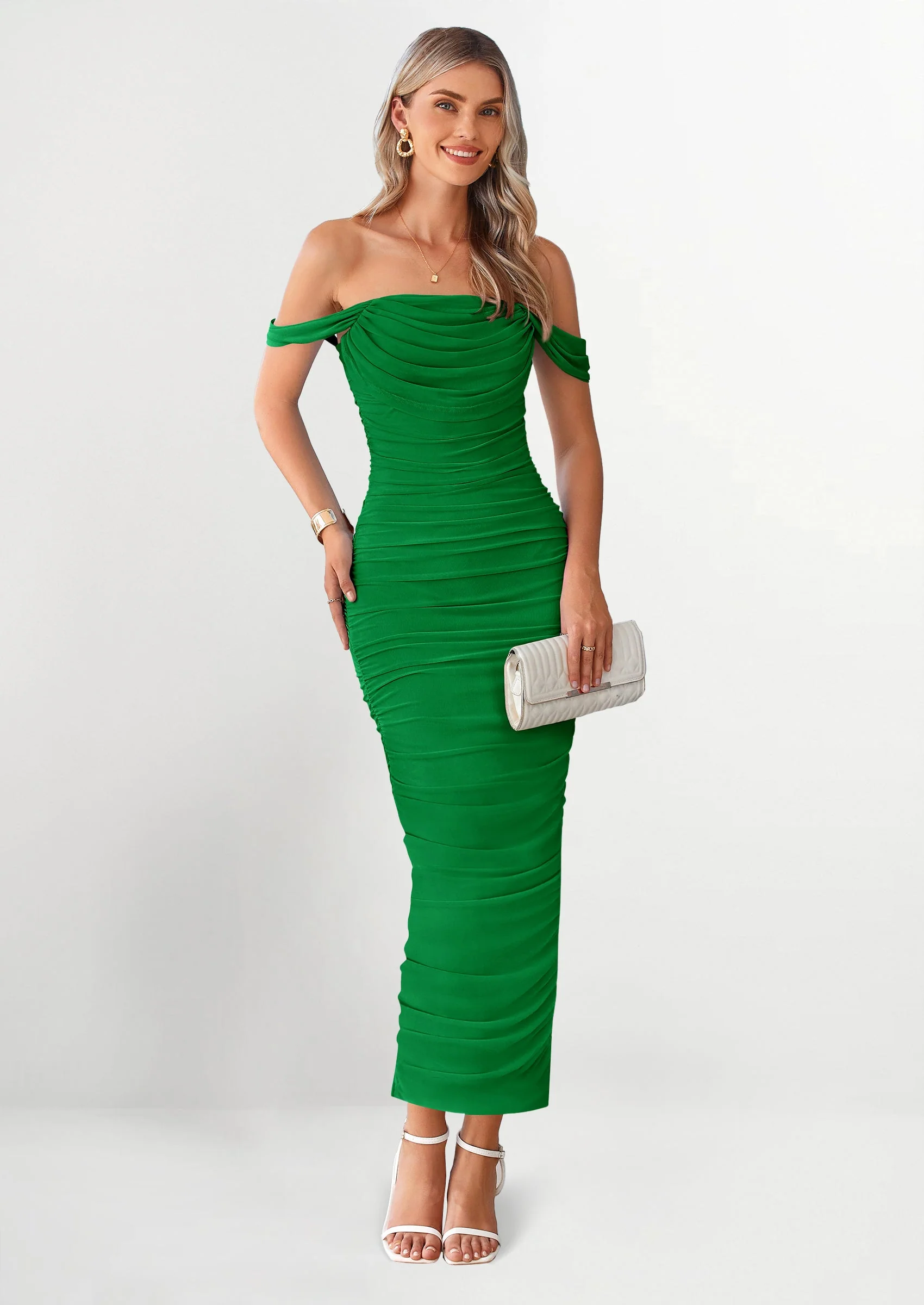 PRETTYGARDEN Womens Off The Shoulder Dress Ruched Bodycon Sleeveless Split Cocktail Party Maxi Dresses - Image 98