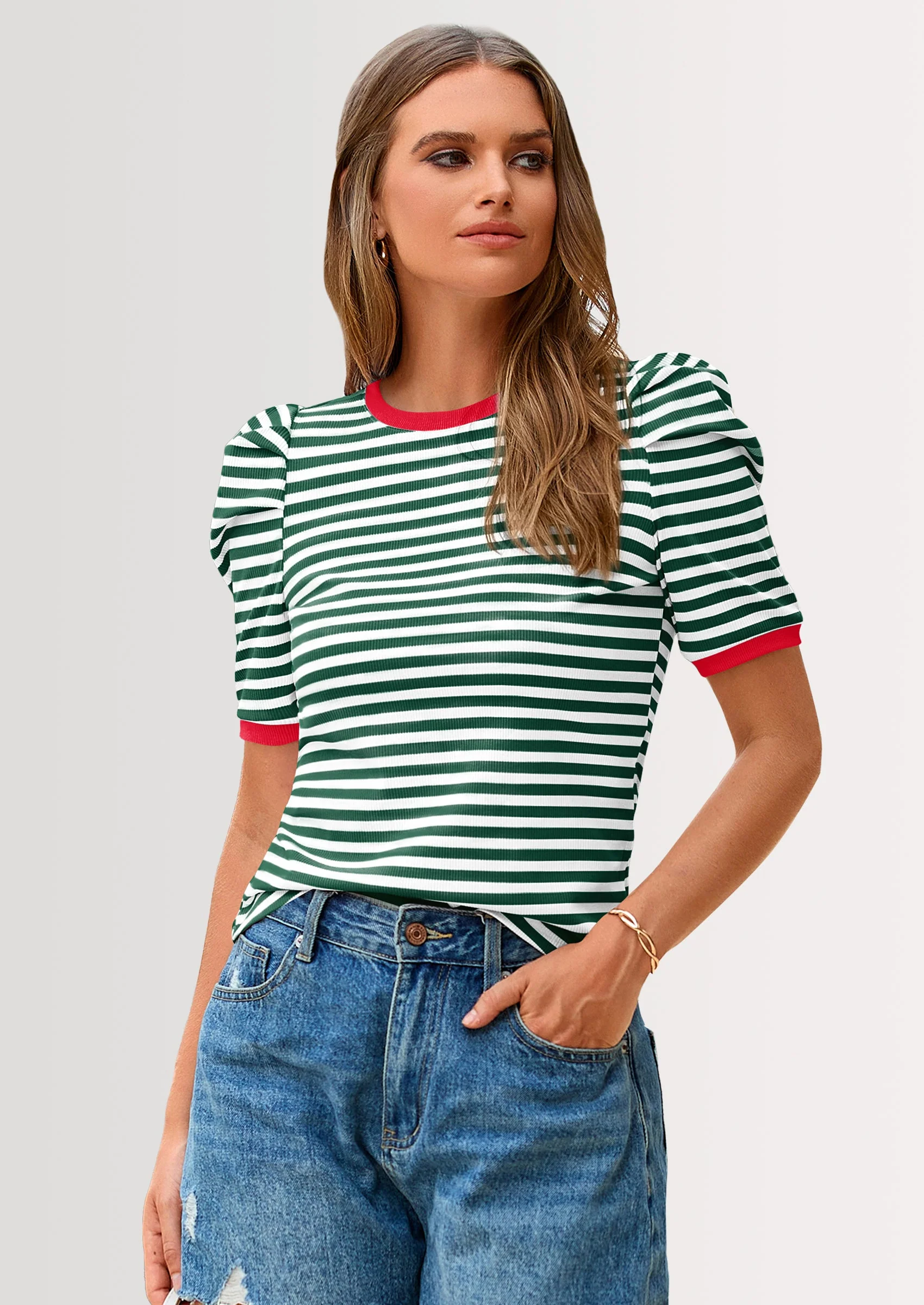 PRETTYGARDEN Women's Summer Puff Sleeve Tops Casual Ribbed Knit Crop Top Color Block Trendy Crewneck Striped Shirts - Image 10