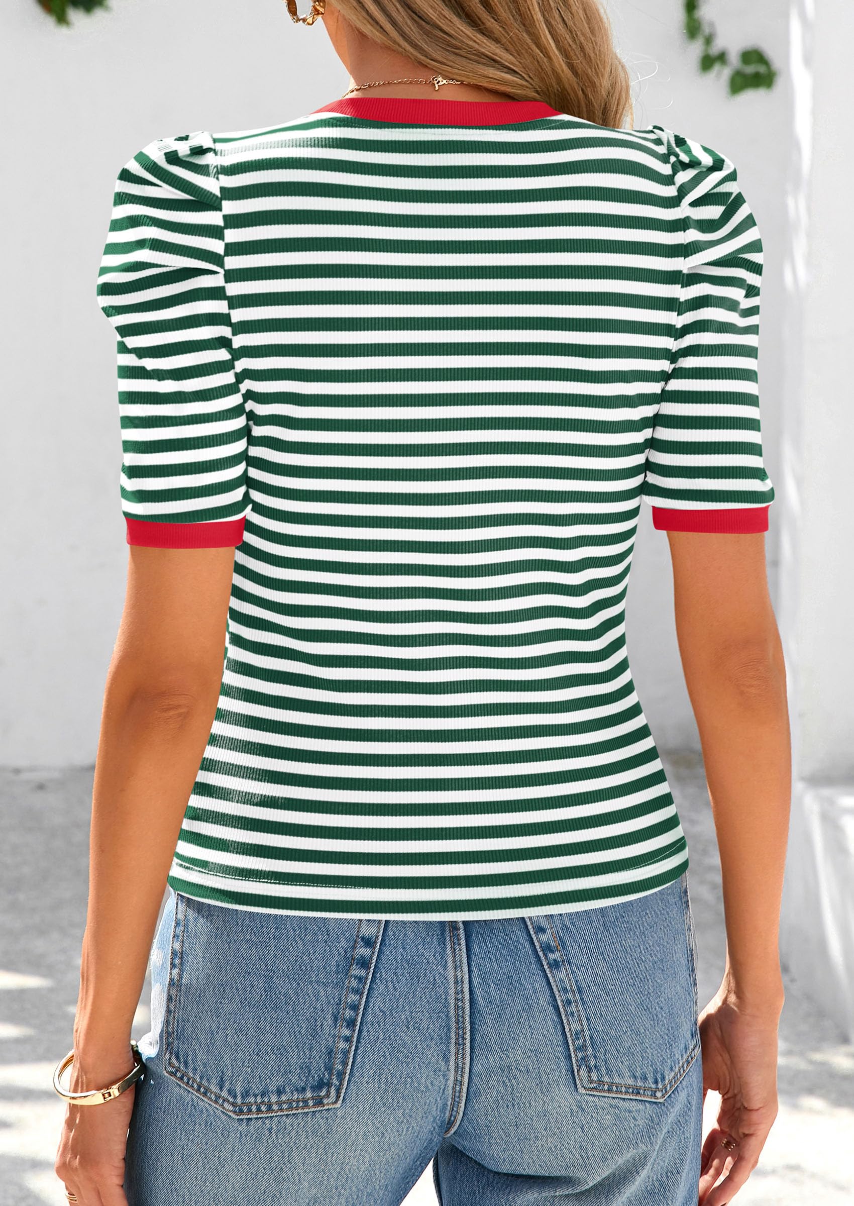 PRETTYGARDEN Women's Summer Puff Sleeve Tops Casual Ribbed Knit Crop Top Color Block Trendy Crewneck Striped Shirts - Image 11
