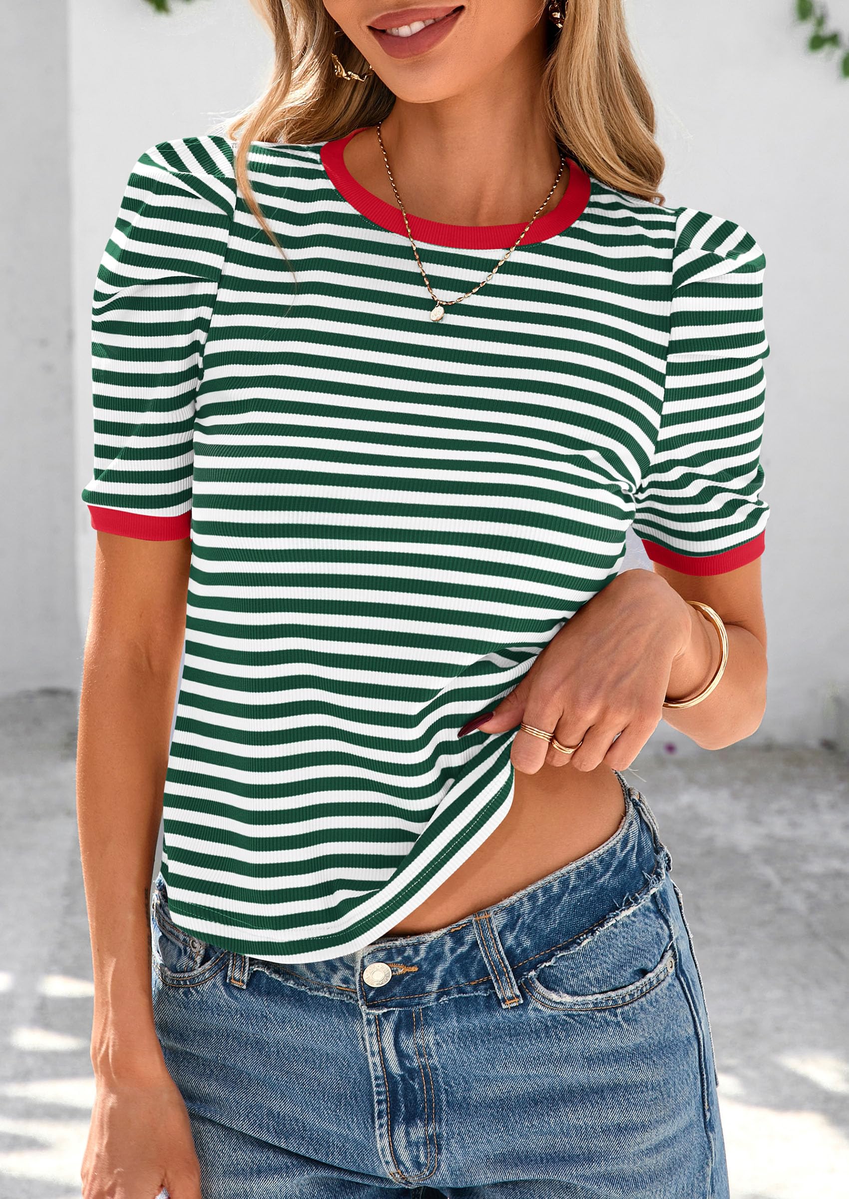 PRETTYGARDEN Women's Summer Puff Sleeve Tops Casual Ribbed Knit Crop Top Color Block Trendy Crewneck Striped Shirts - Image 14