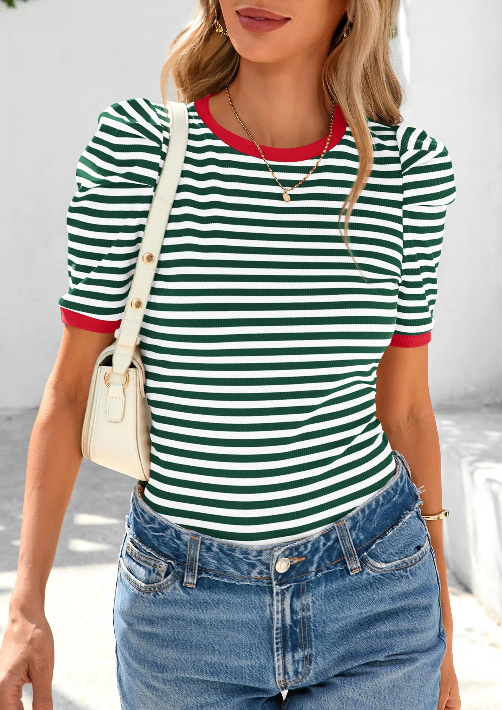 PRETTYGARDEN Women's Summer Puff Sleeve Tops Casual Ribbed Knit Crop Top Color Block Trendy Crewneck Striped Shirts - Image 16