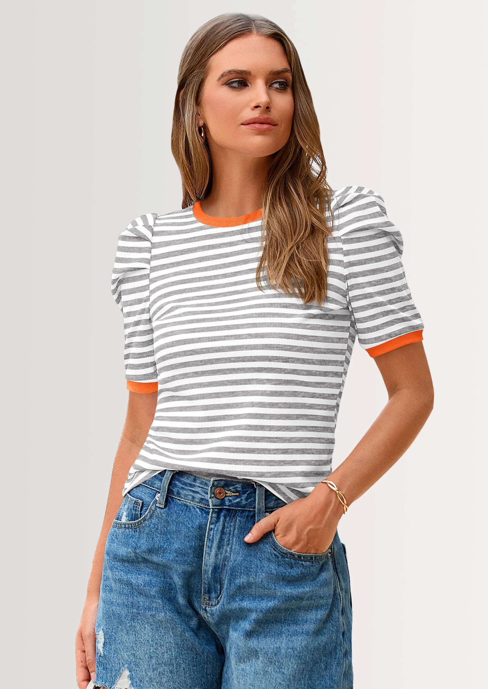 PRETTYGARDEN Women's Summer Puff Sleeve Tops Casual Ribbed Knit Crop Top Color Block Trendy Crewneck Striped Shirts - Image 18