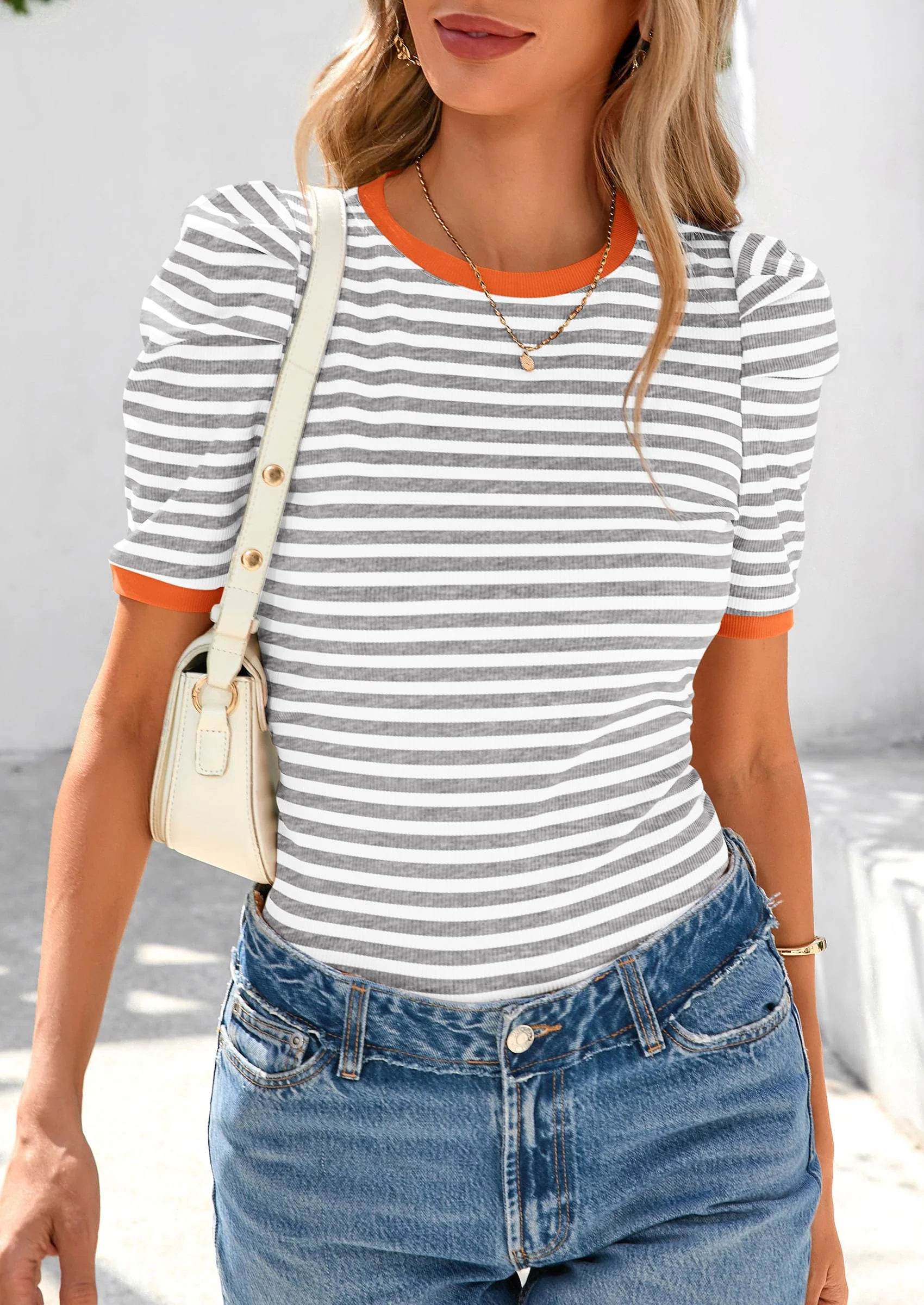 PRETTYGARDEN Women's Summer Puff Sleeve Tops Casual Ribbed Knit Crop Top Color Block Trendy Crewneck Striped Shirts - Image 24