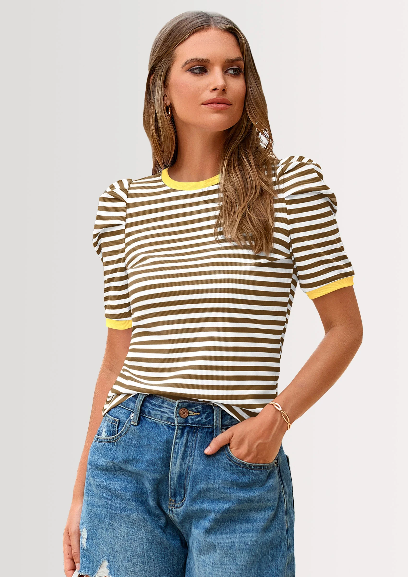 PRETTYGARDEN Women's Summer Puff Sleeve Tops Casual Ribbed Knit Crop Top Color Block Trendy Crewneck Striped Shirts - Image 26