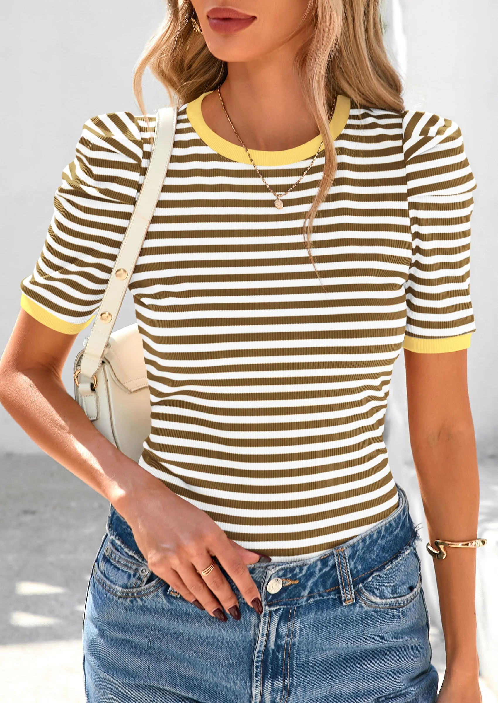 PRETTYGARDEN Women's Summer Puff Sleeve Tops Casual Ribbed Knit Crop Top Color Block Trendy Crewneck Striped Shirts - Image 28