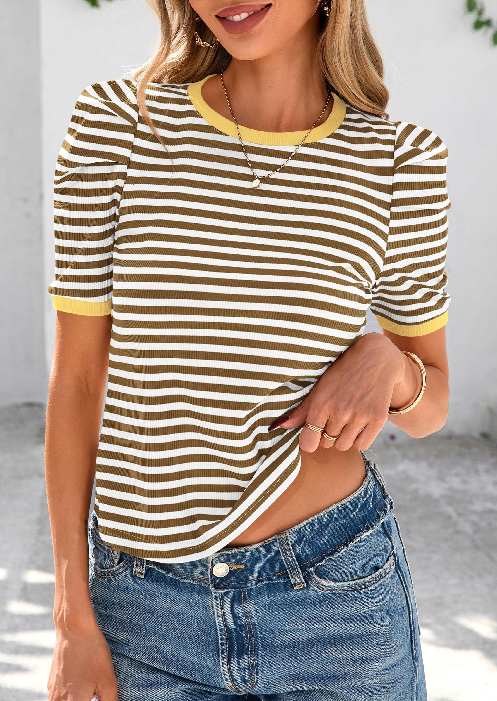 PRETTYGARDEN Women's Summer Puff Sleeve Tops Casual Ribbed Knit Crop Top Color Block Trendy Crewneck Striped Shirts - Image 30